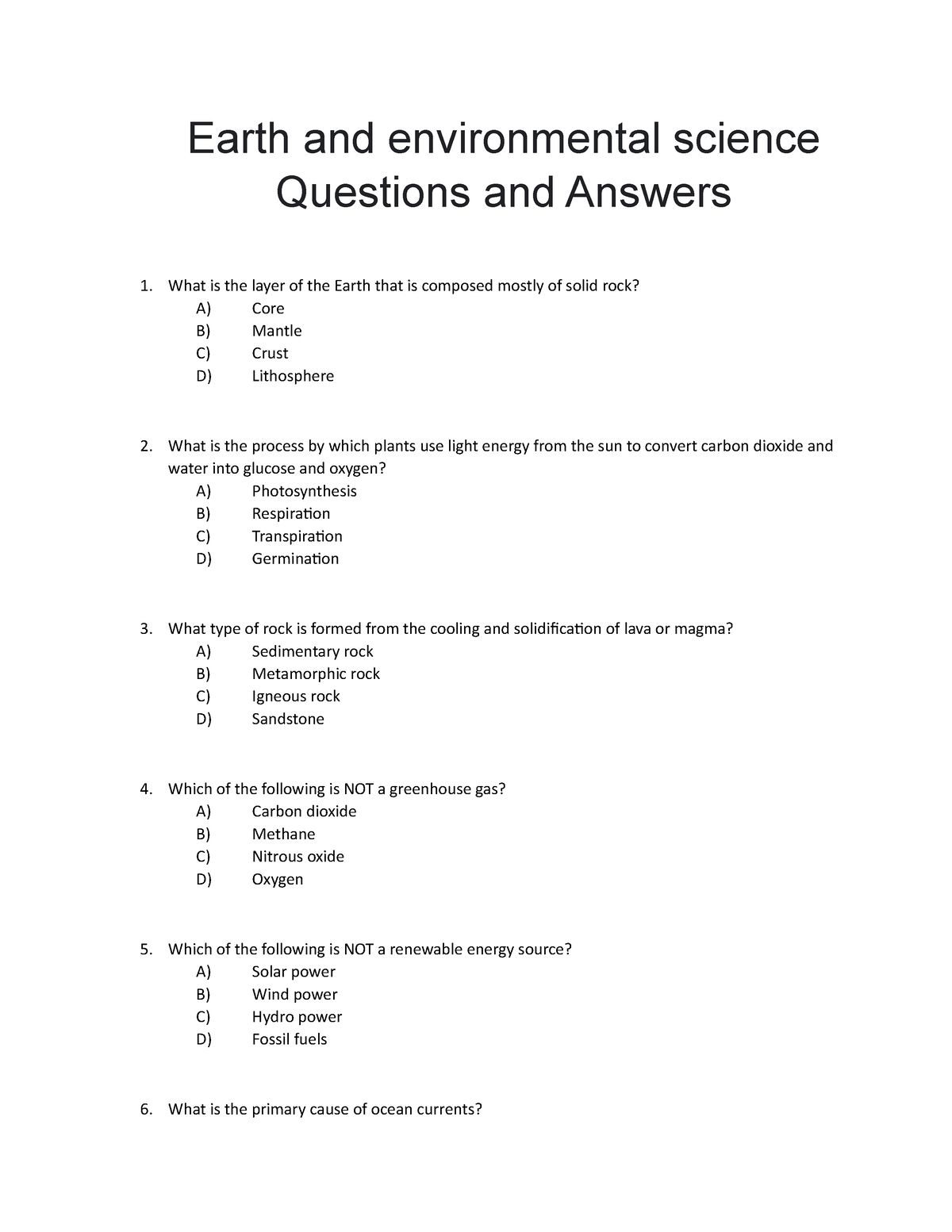 earth and life science essay questions