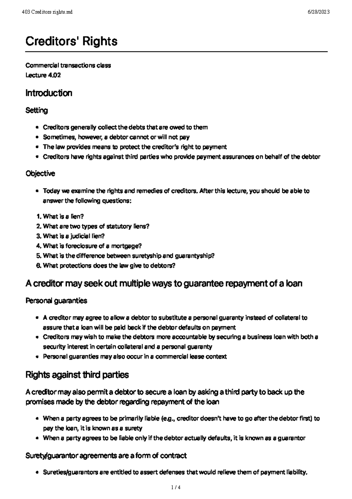 403 Creditors rights - outline of topic - C re d i t o r s ' R i g h t ...