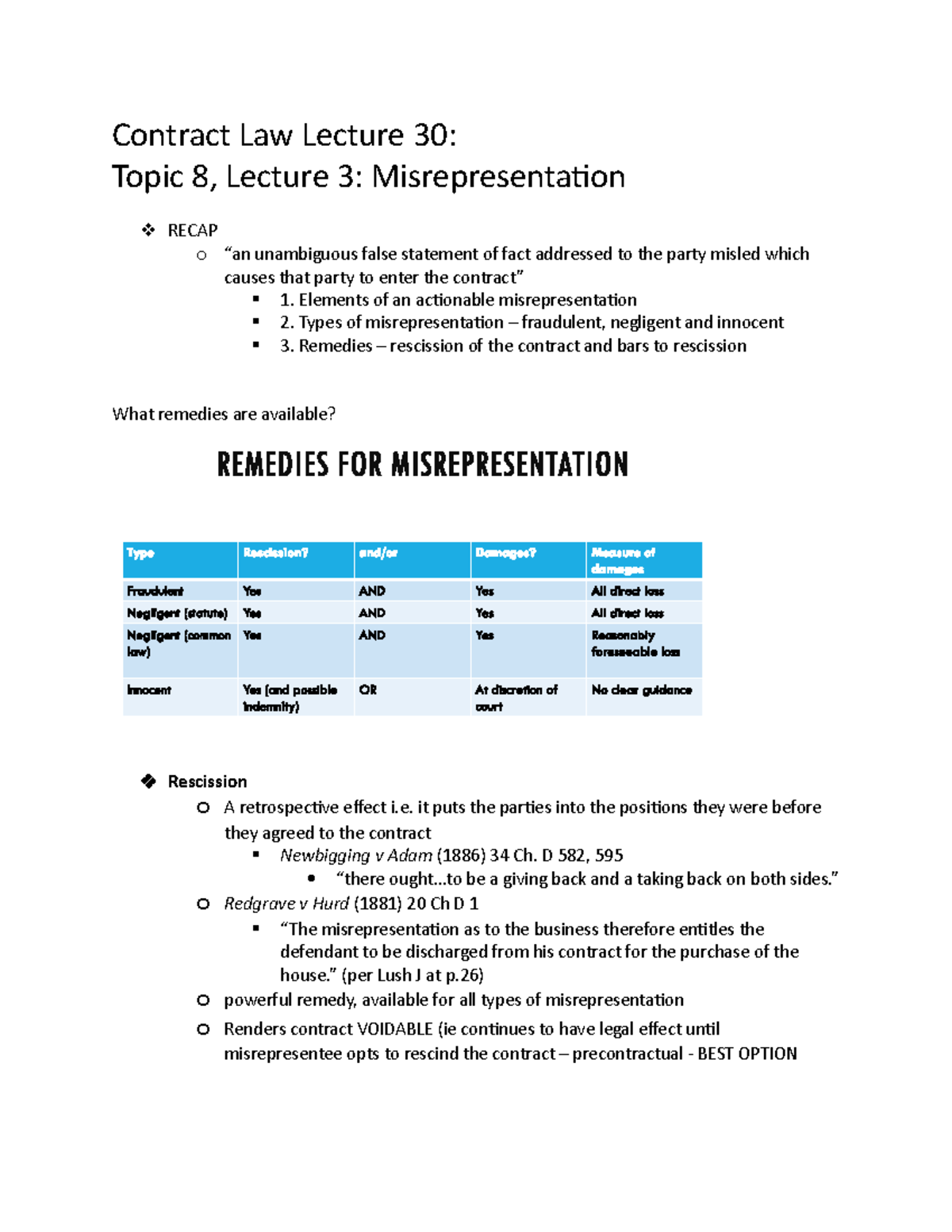 30 - Misrepresentation - Contract Law Lecture 30: Topic 8, Lecture 3 ...