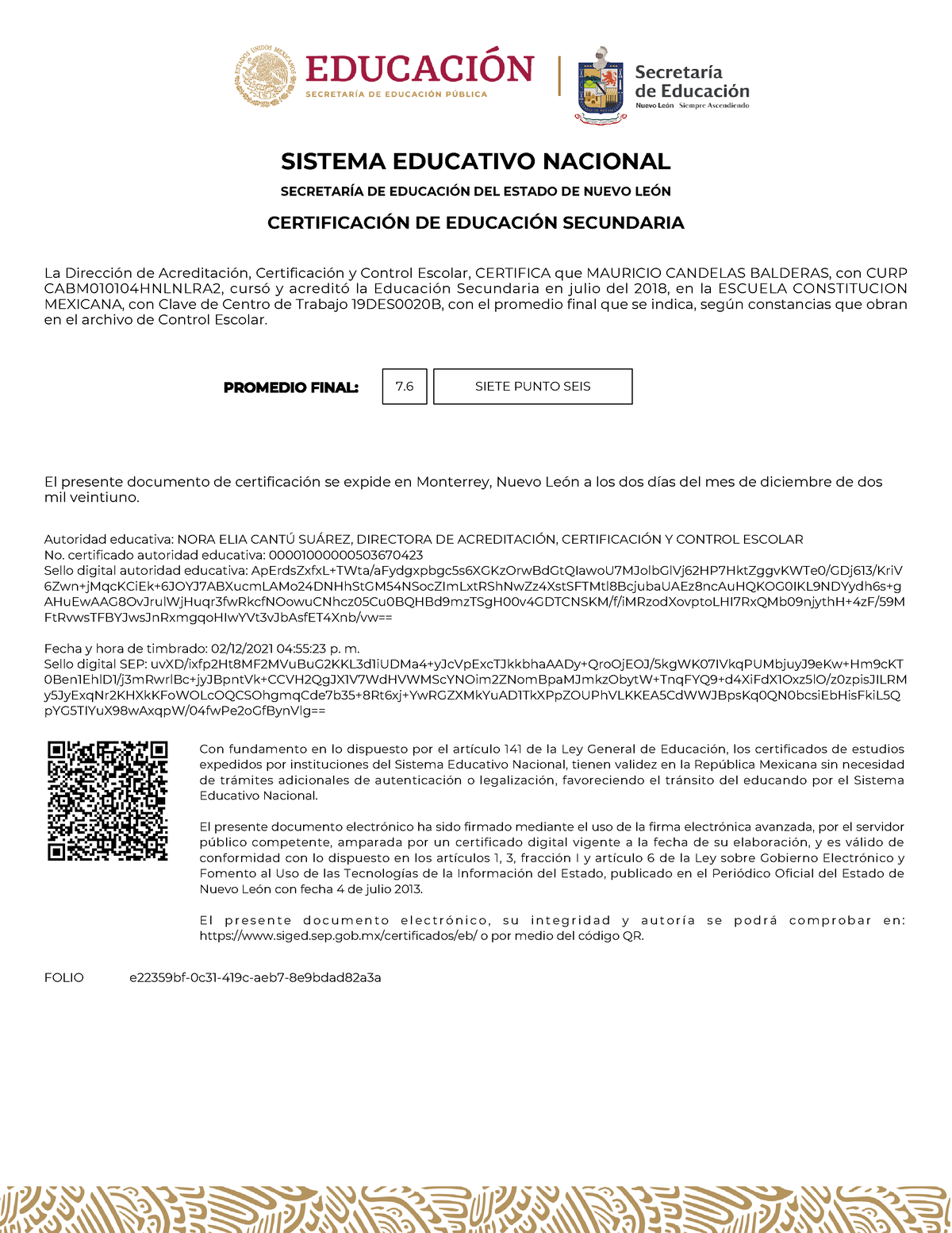 Certificado - SISTEMA EDUCATIVO NACIONAL SECRETARÕA DE EDUCACI”N DEL ...