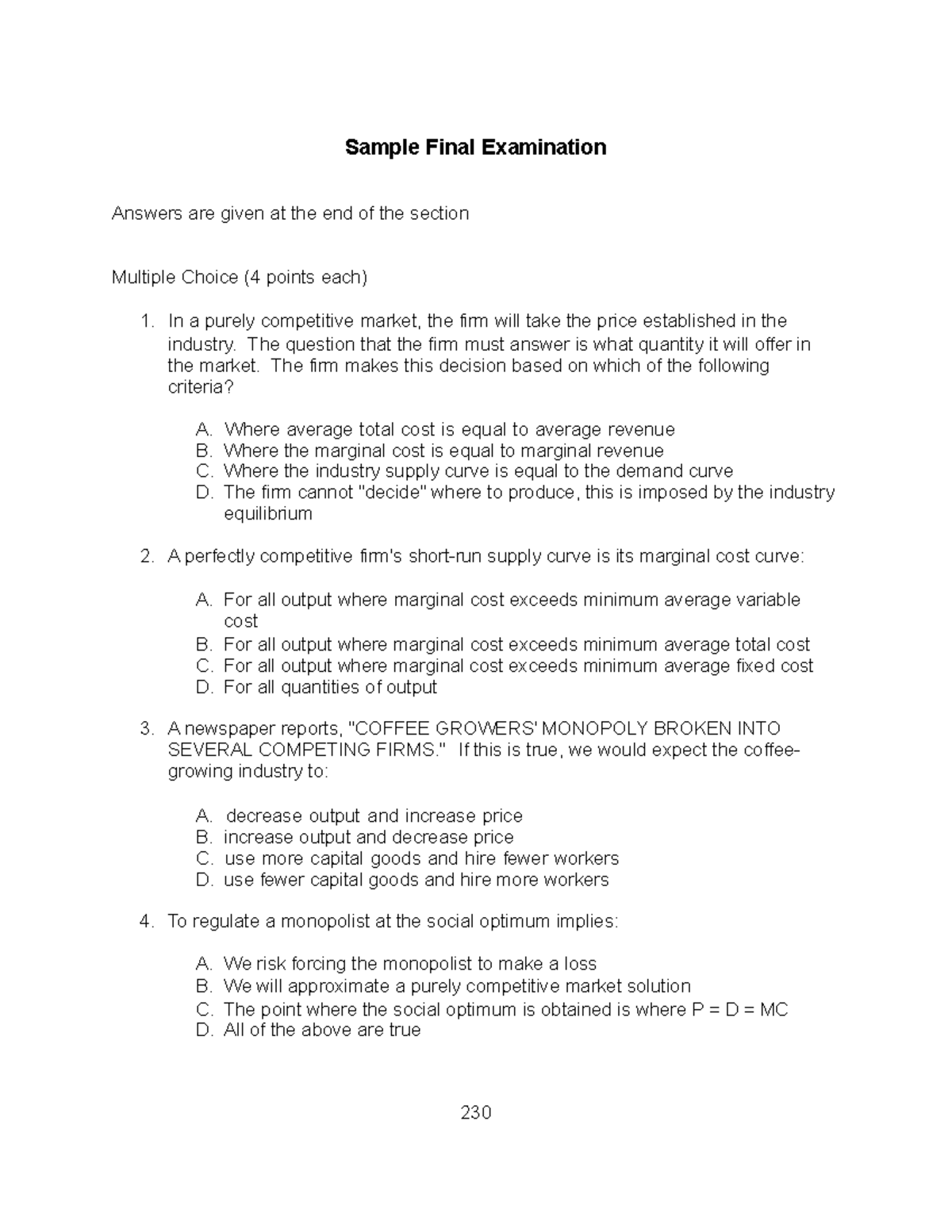 Introduction to Microeconomics(49) - Sample Final Examination Answers ...