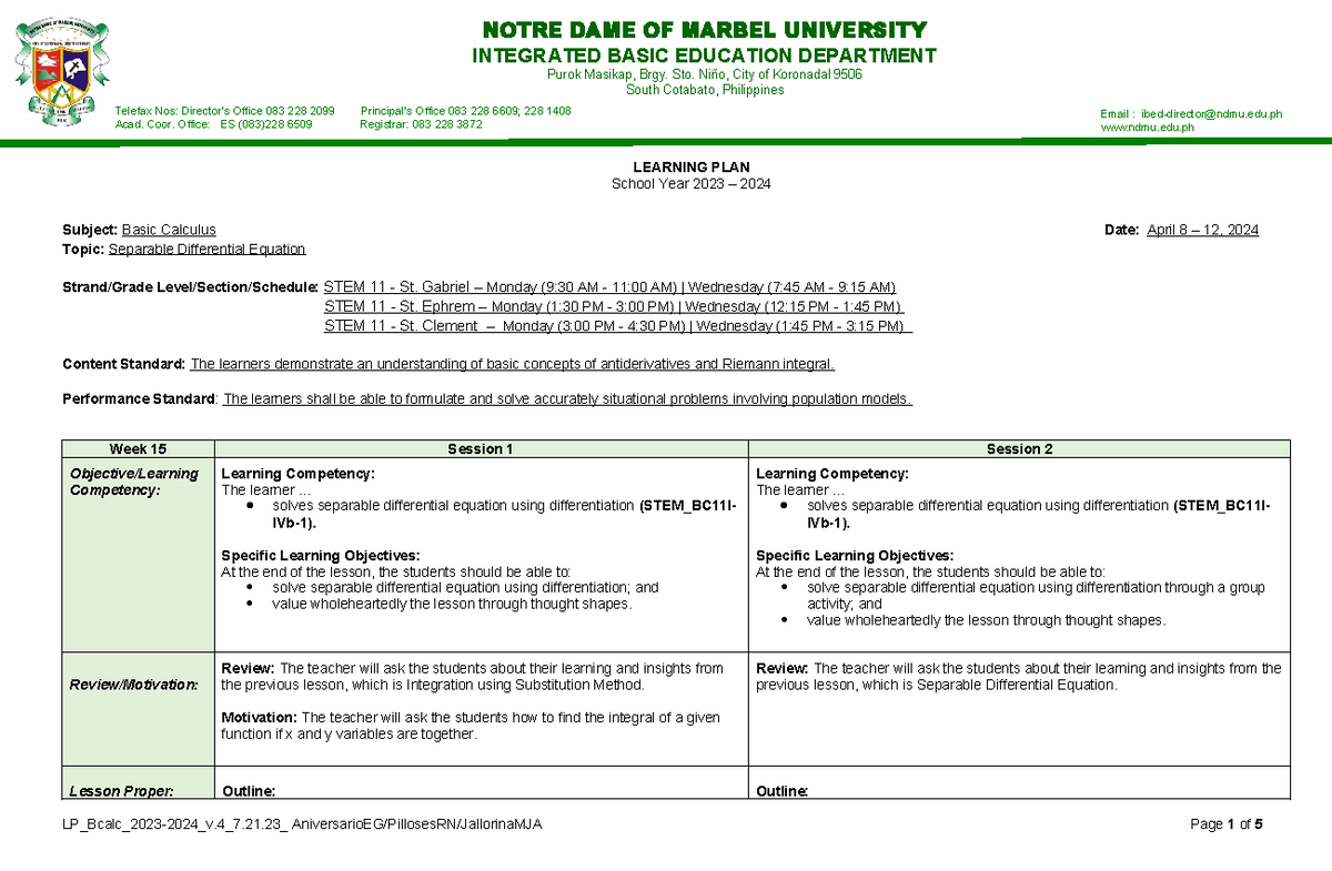 Week 15 Bcalc LP - INTEGRATED BASIC EDUCATION DEPARTMENT ####### Purok ...