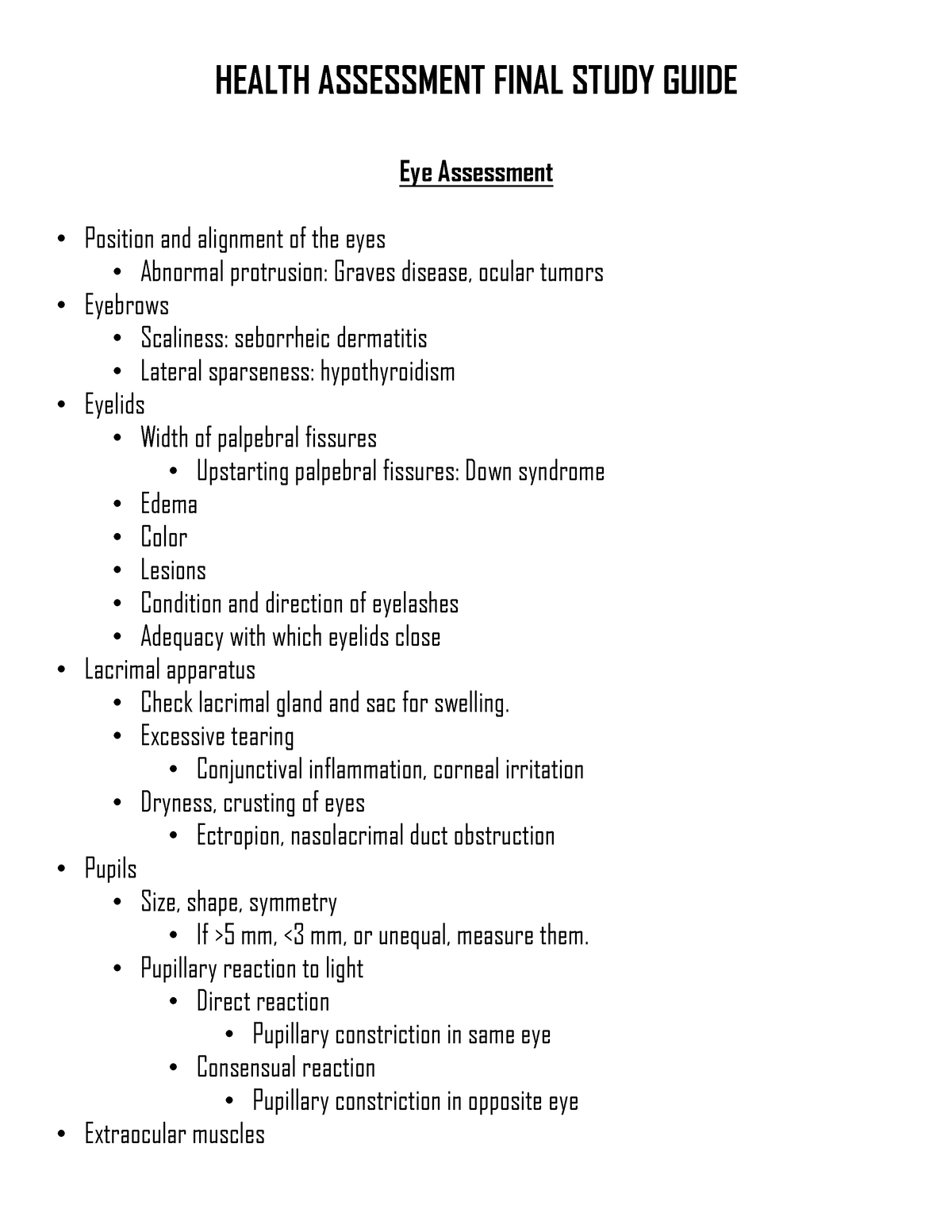 Complete health assessment final study guide - Eye Assessment Position ...