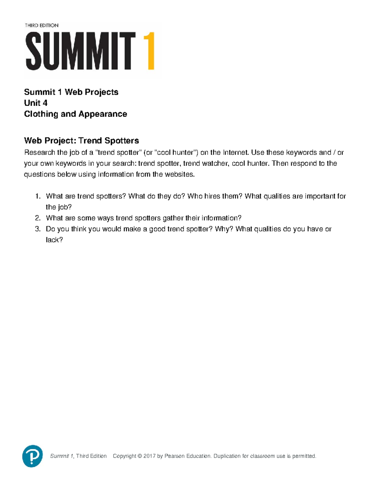 Summit 1 Web Projects Unit 4 - Summit 1, Third Edition Copyright © 2017 ...