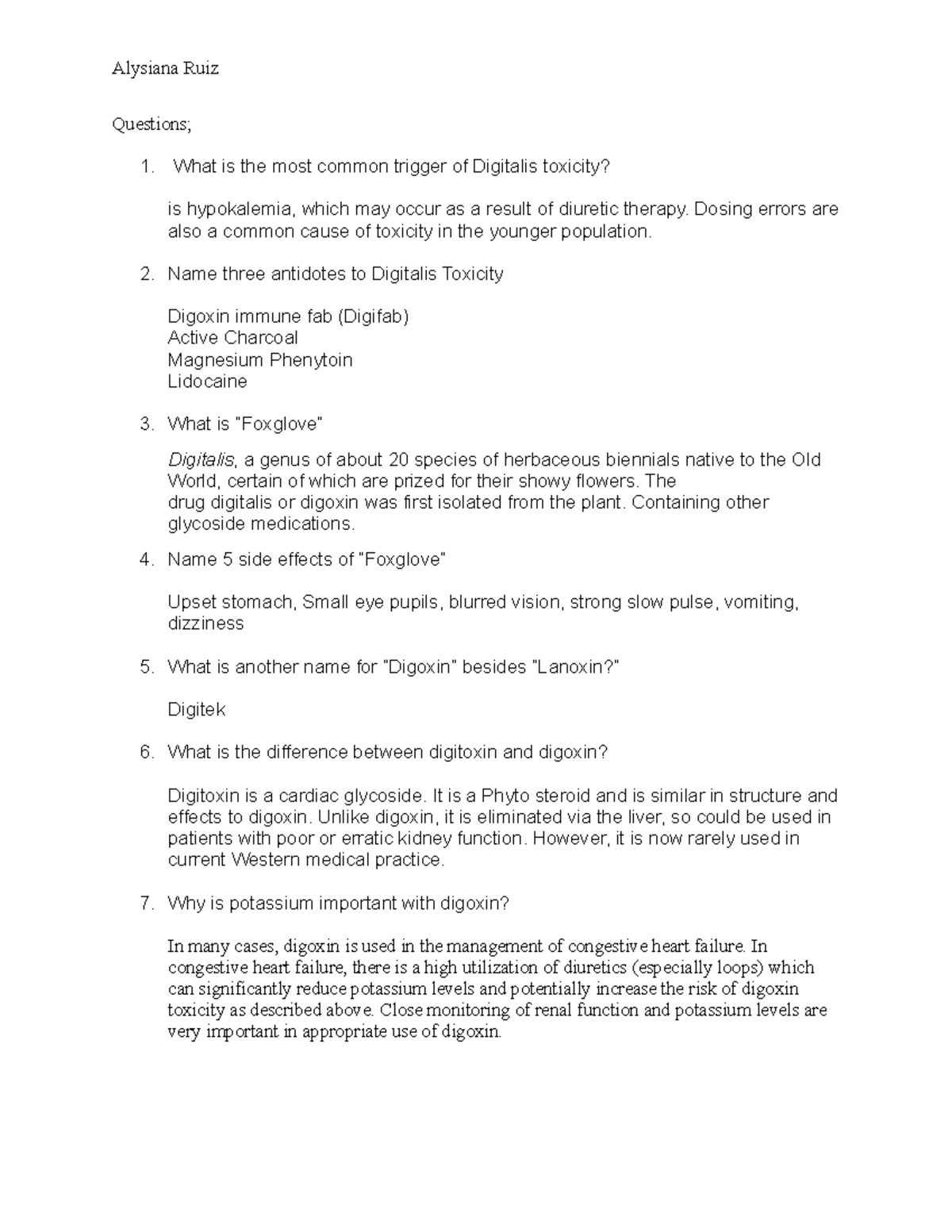 Digitalis Questions - Class material to study from Daytona College ...