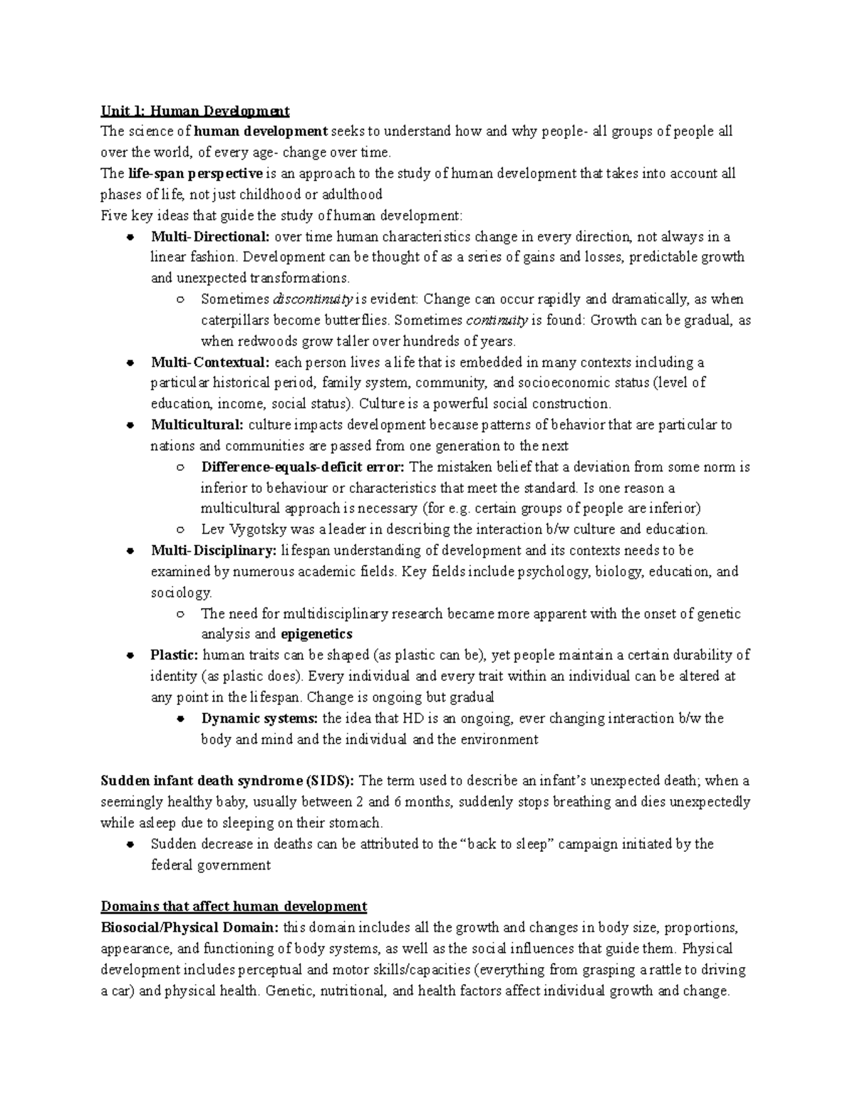 FRHD 1010 unit 1 - notes - Unit 1: Human Development The science of ...
