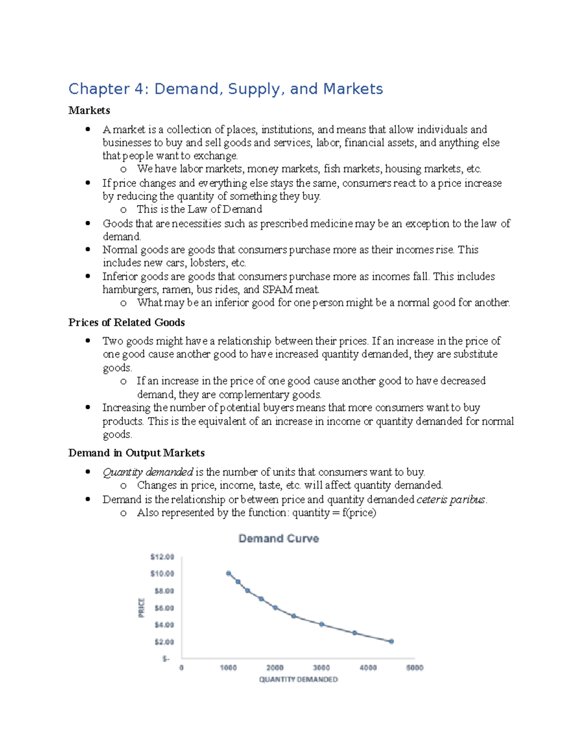 Chapter 4 - Lecture notes 4 - Chapter 4: Demand, Supply, and Markets ...