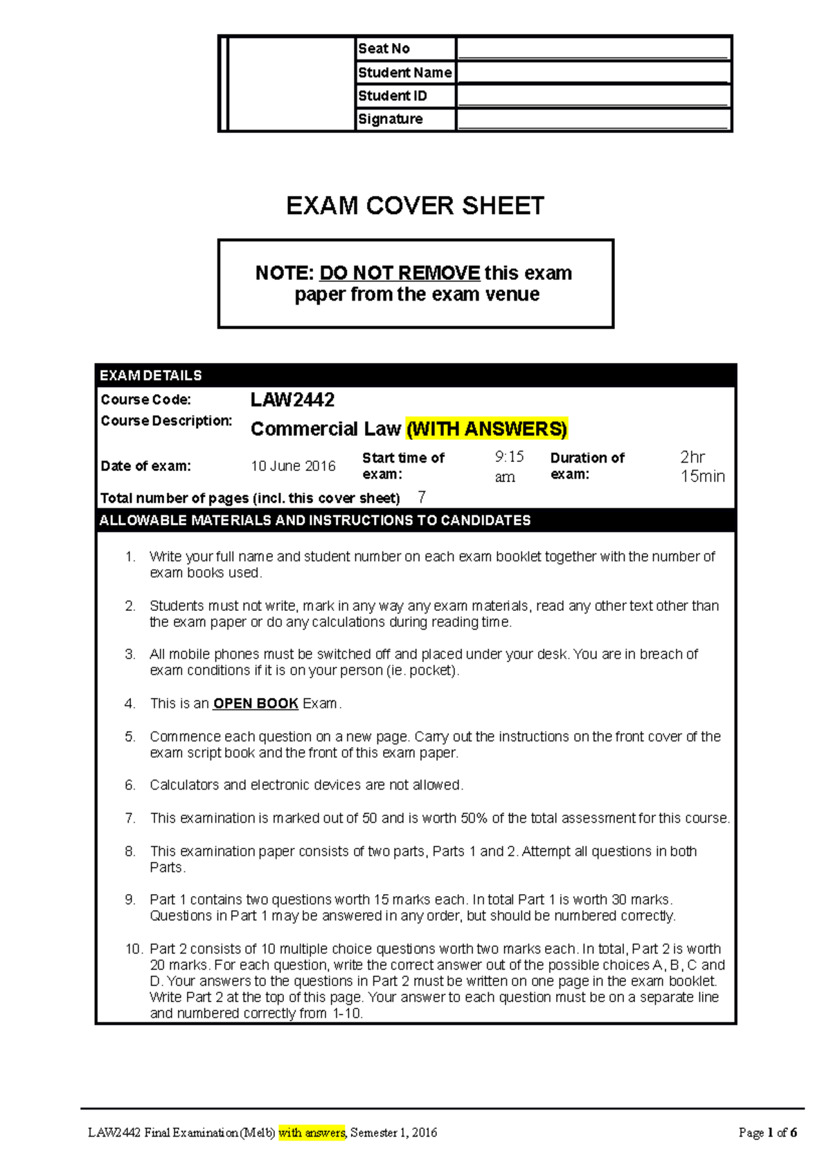 Exam 1 2016, Questions And Answers - Seat No ...