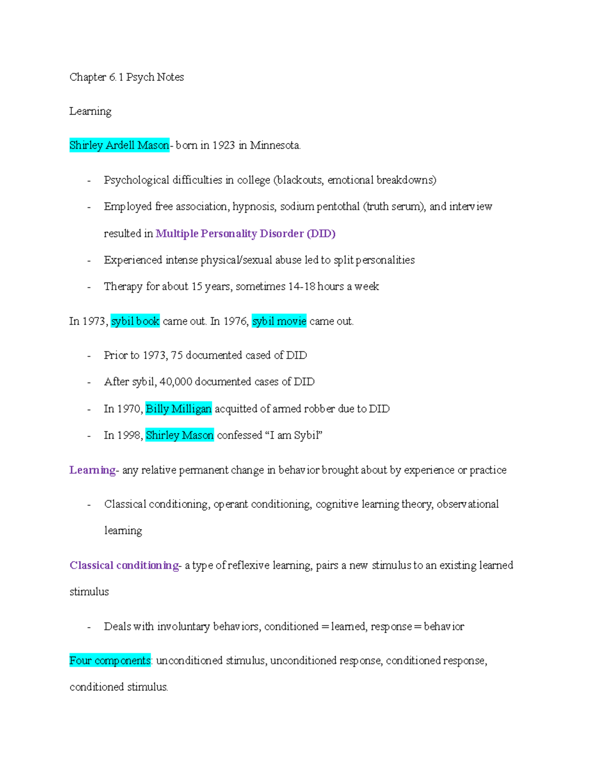 Chapter 6.1 notes - Chapter 6 Psych Notes Learning Shirley Ardell Mason ...