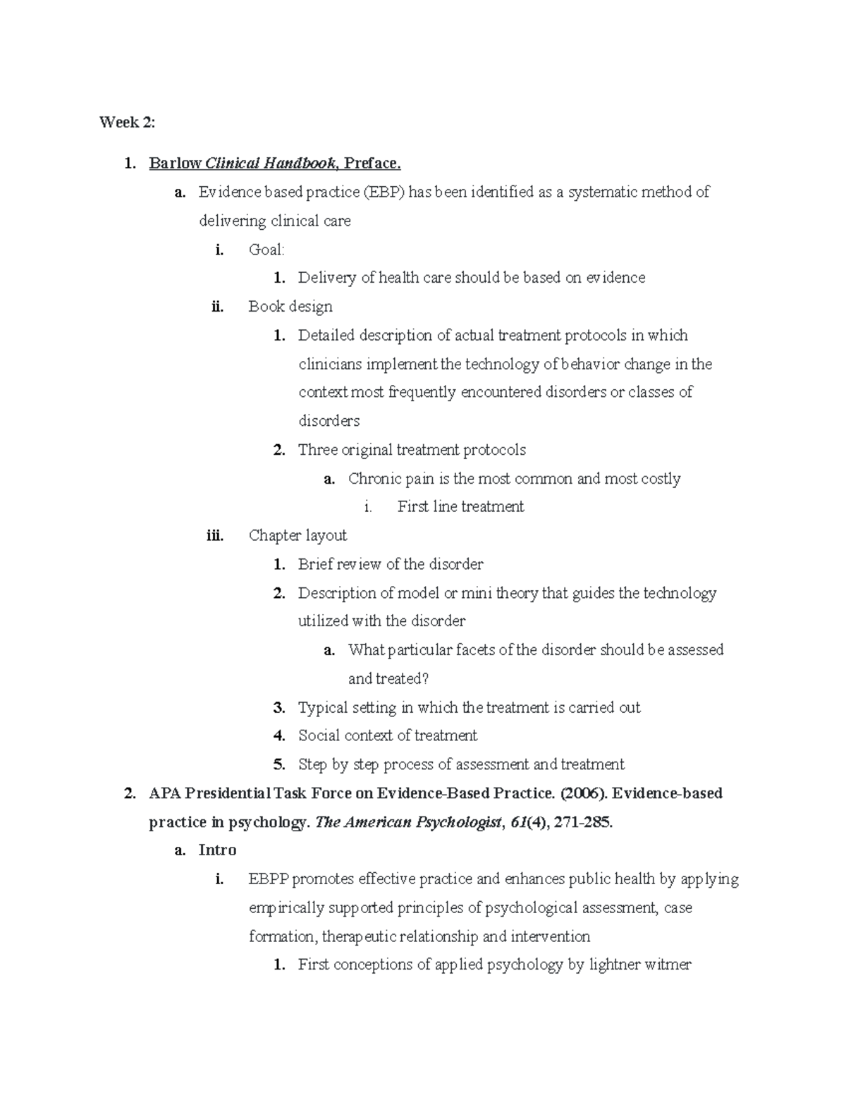 214 readings - Week 2: Barlow Clinical Handbook, Preface. a. Evidence ...