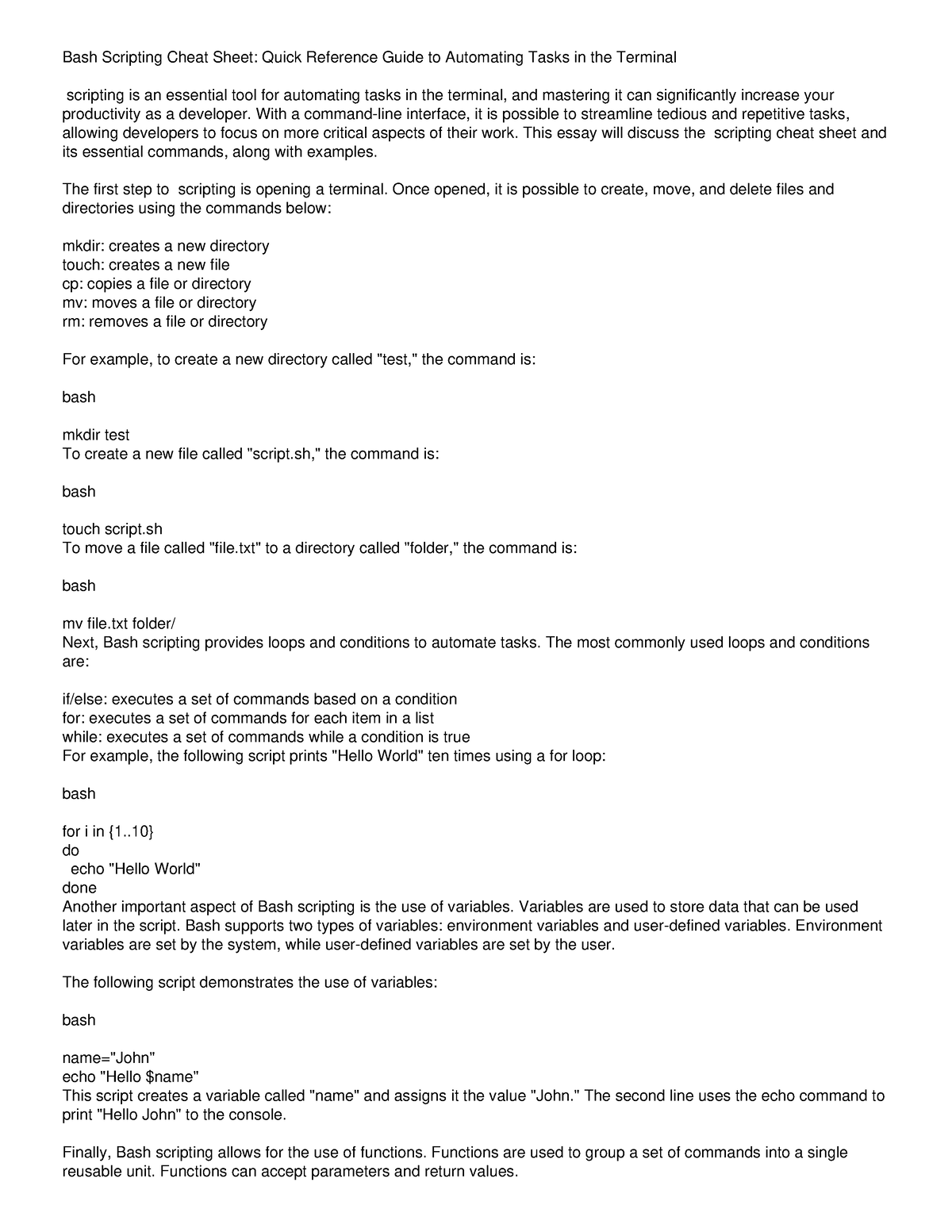 Bash Scripting Cheat Sheet Quick Reference Guide to Automating Tasks in ...