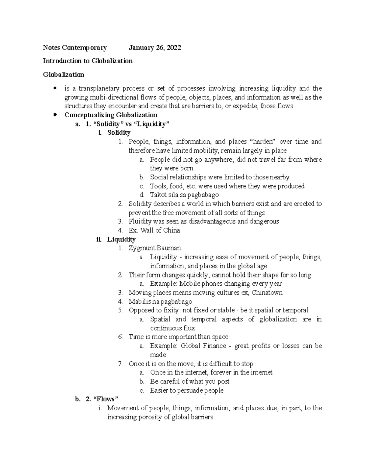 Notes Contemporary - 1. “Solidity” vs “Liquidity” i. Solidity 1. People ...