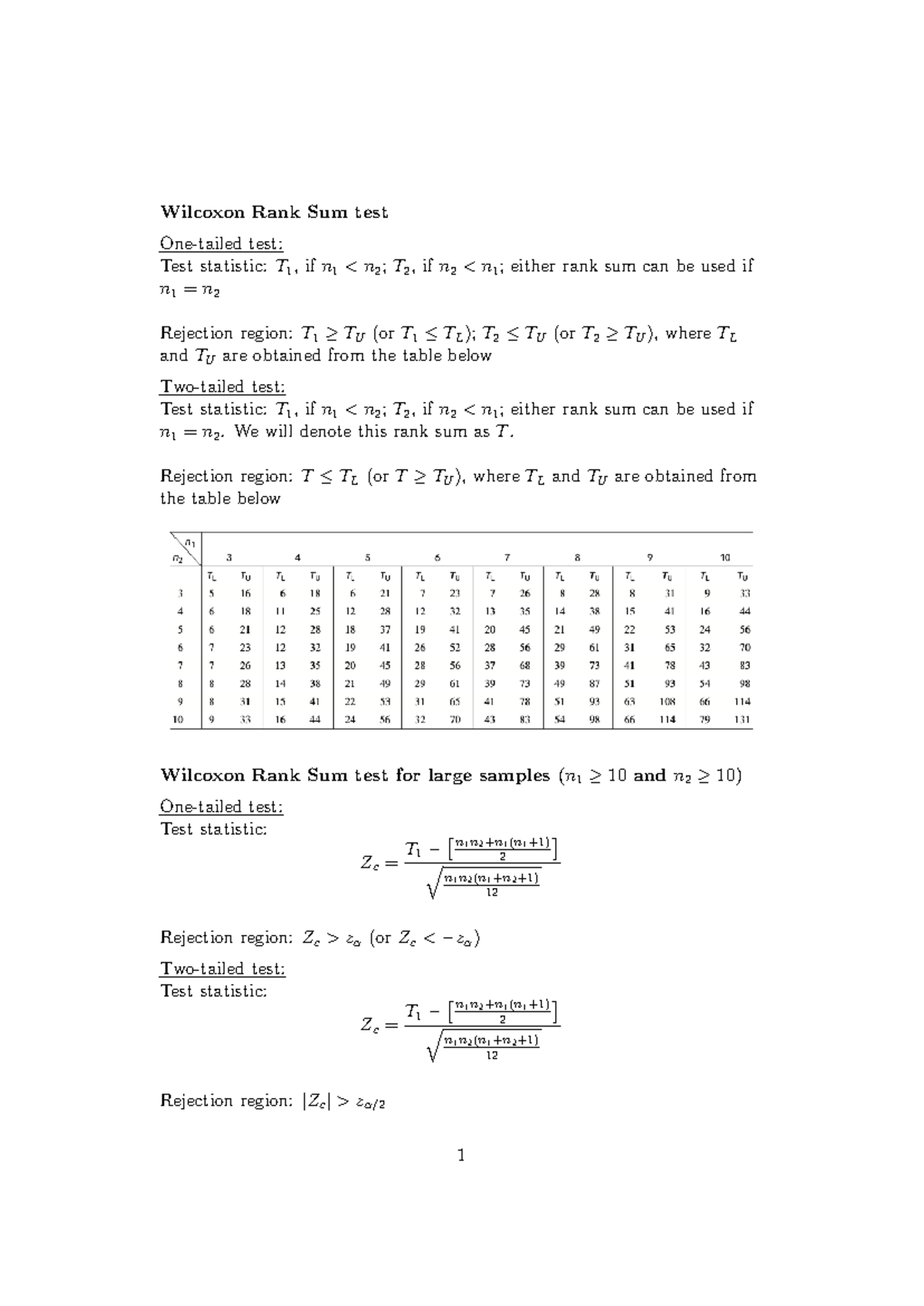 M formula sheets - Wilcoxon Rank Sum test One-tailed test: Test ...