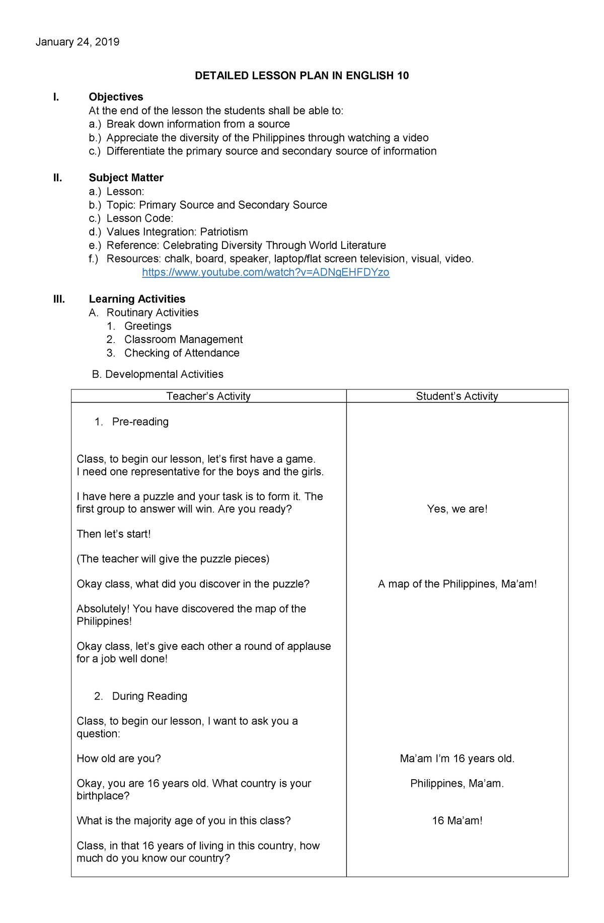 Primary And Secondary Sources Lesson Plan Grade 10