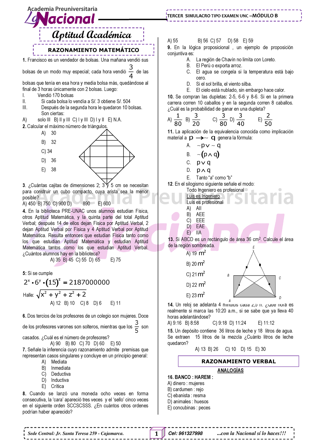 Módulo B Tercer Examen - SOLO PARA POSTULANTES - RAZONAMIENTO MATEM ...