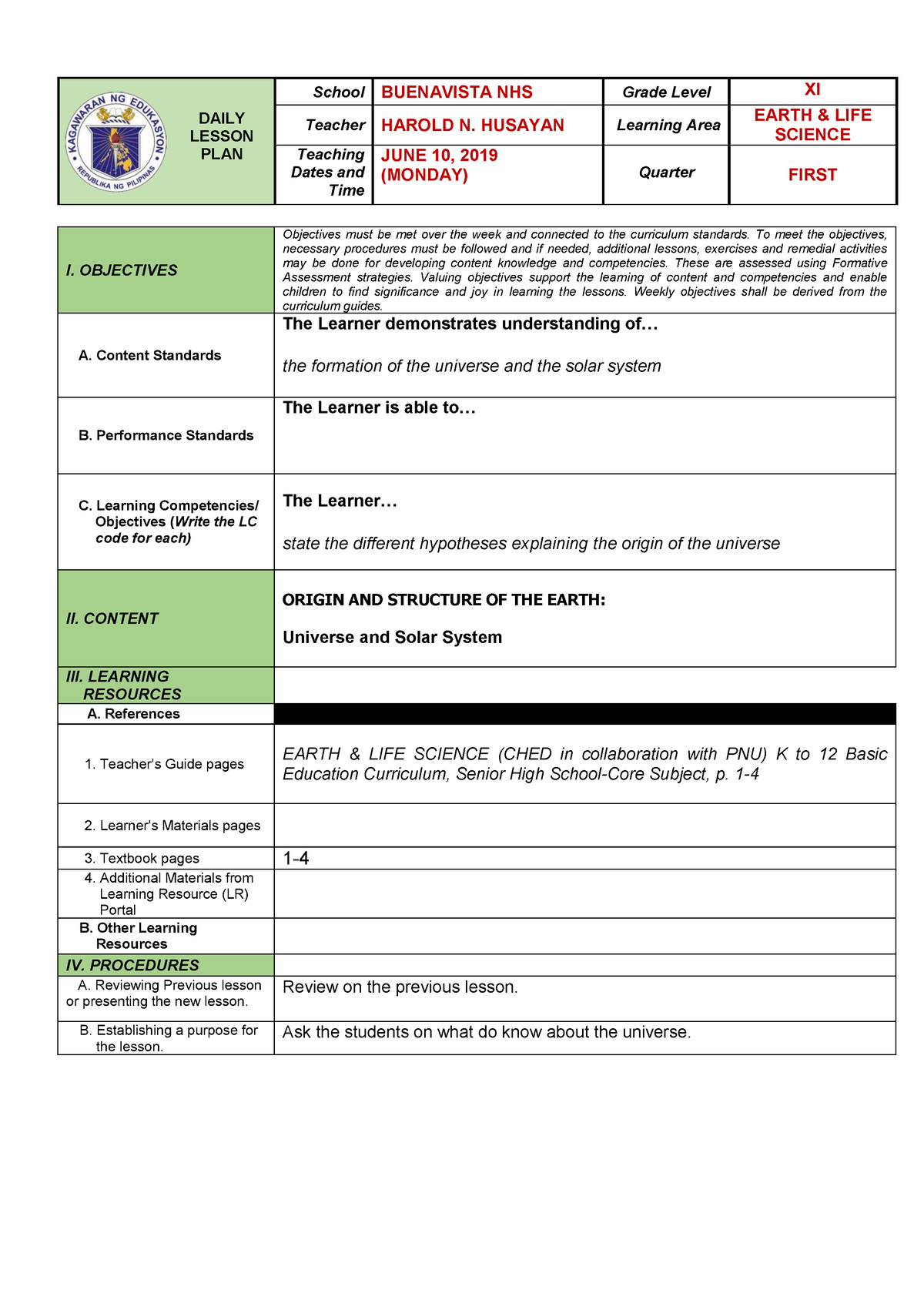 Earth And Life Science Lesson Plan Week 1