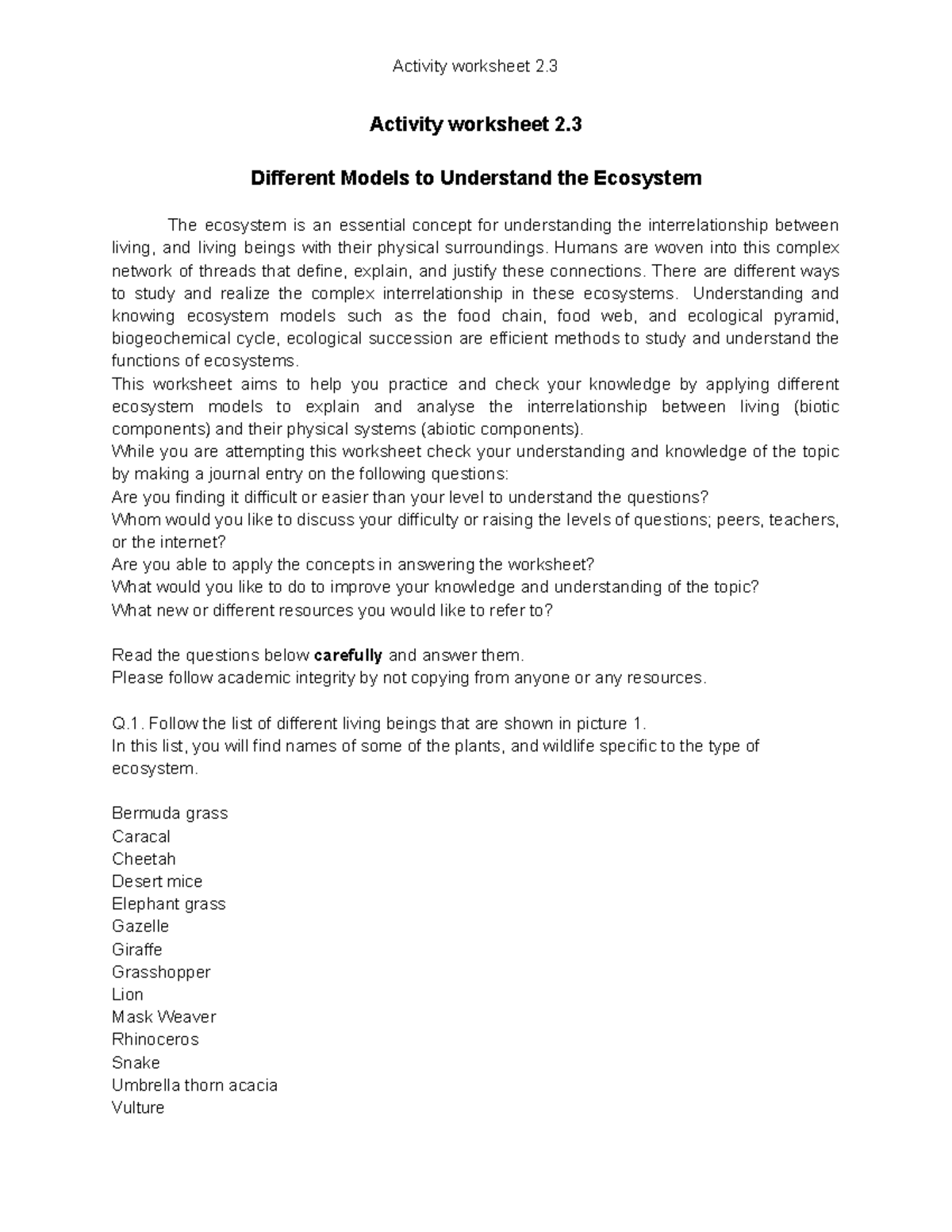 Activity worksheet 2 - Different Models to Understand the Ecosystem The ...