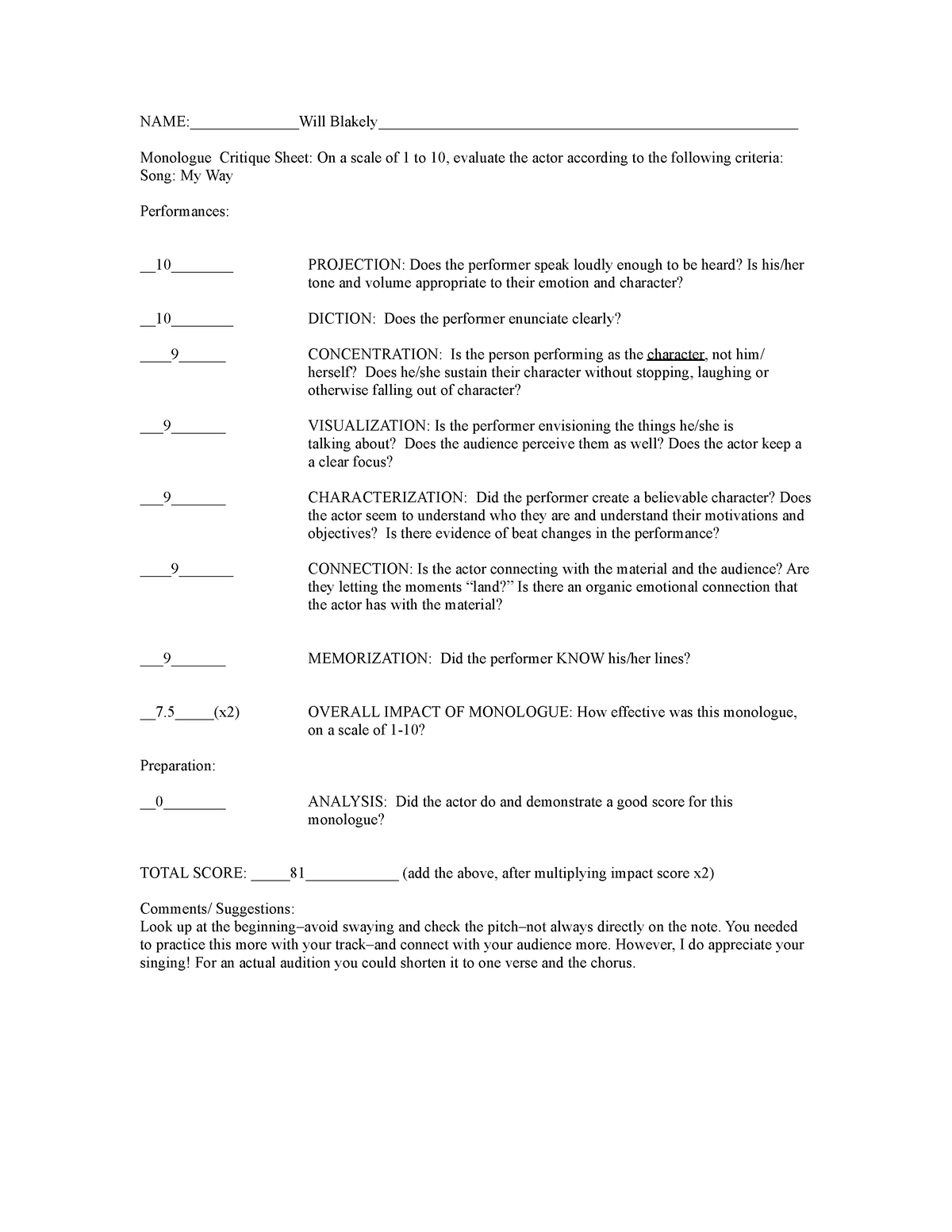 Will Blakely Monologue Critique Sheet - NAME:Will Blakely