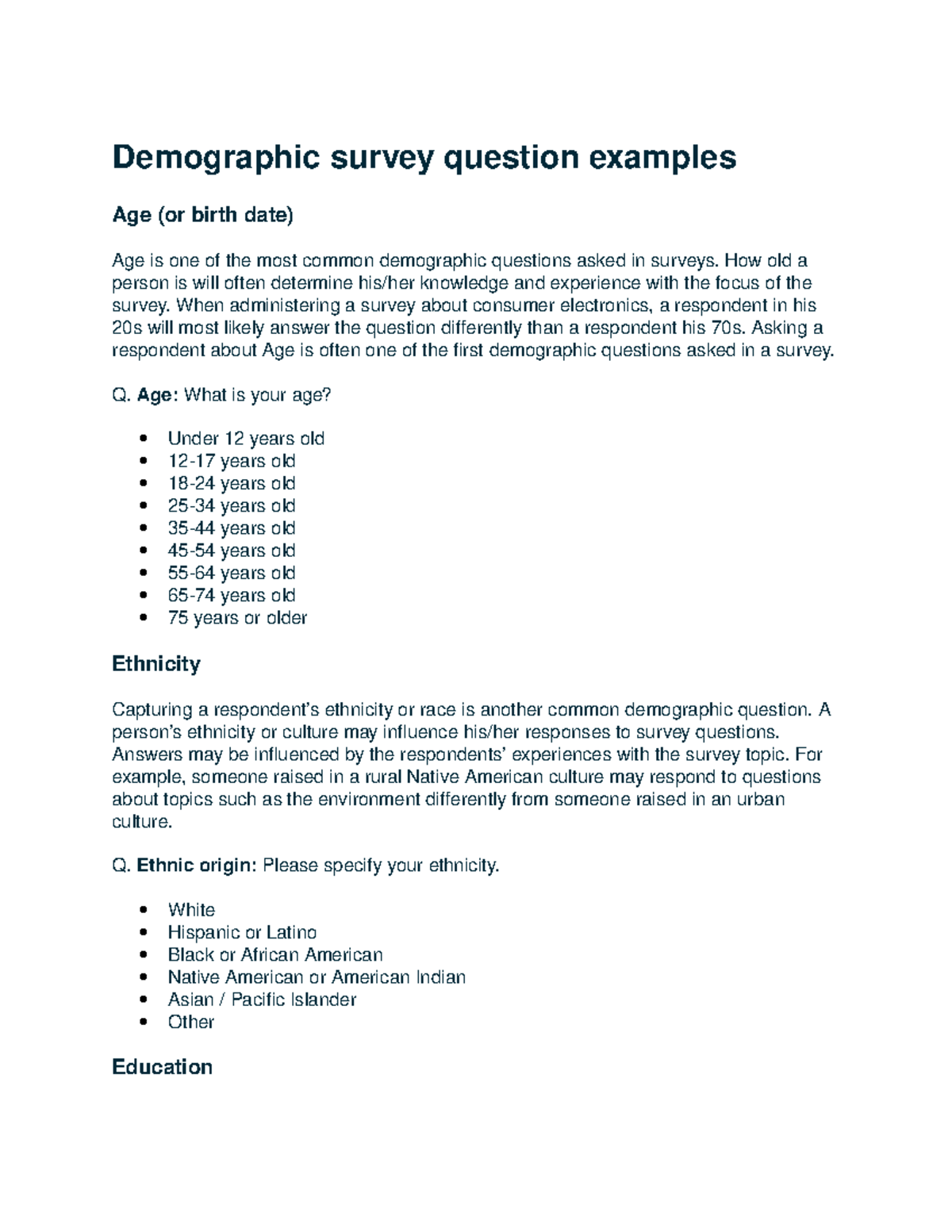 Demographic Profile - Demographic survey question examples Age (or ...