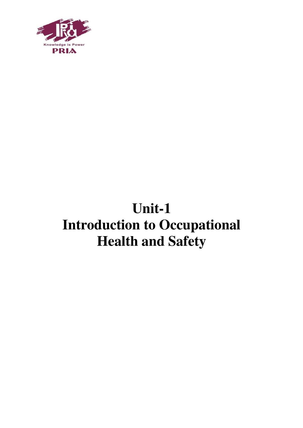 Unit 1 - Introduction To Occupational Health And Safety - Unit ...