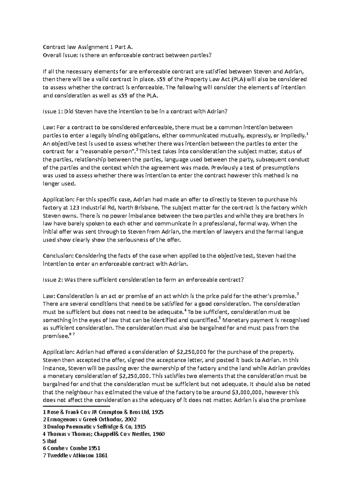 Assessment 1 - Part A - Contract law Assignment 1 Part A. Overall issue ...