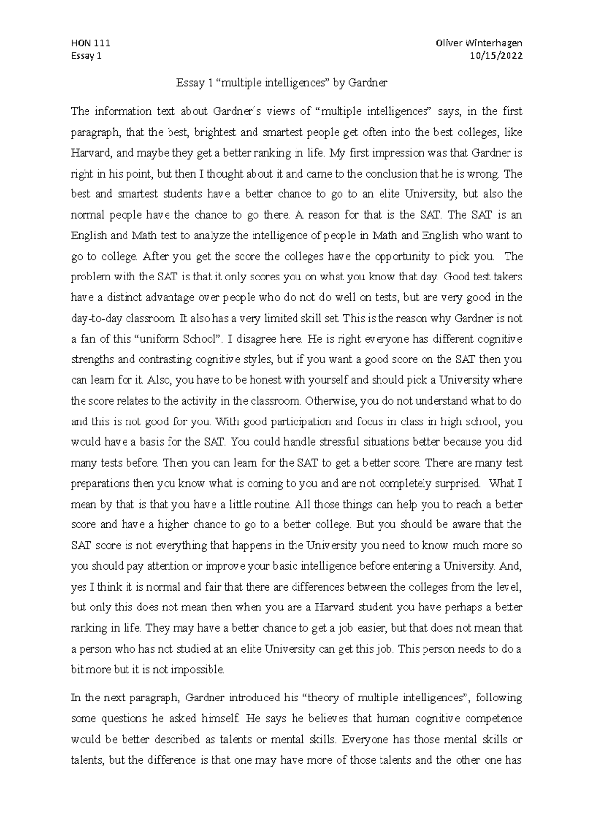 Oliver W 2 - Instructure: Holland-Toll - Essay 1 10/15/ Essay 1 ...