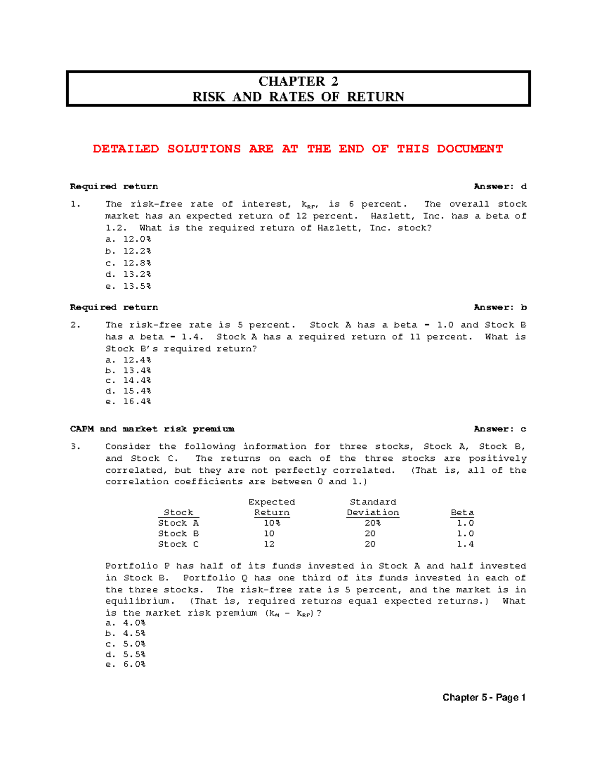 RISK AND Return - DETAILED SOLUTIONS ARE AT THE END OF THIS DOCUMENT ...