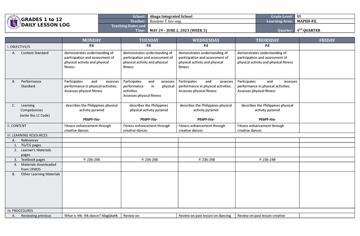 DLL Mapeh 6 Q4 W5 - NONE - GRADES 1 To 12 DAILY LESSON LOG School ...