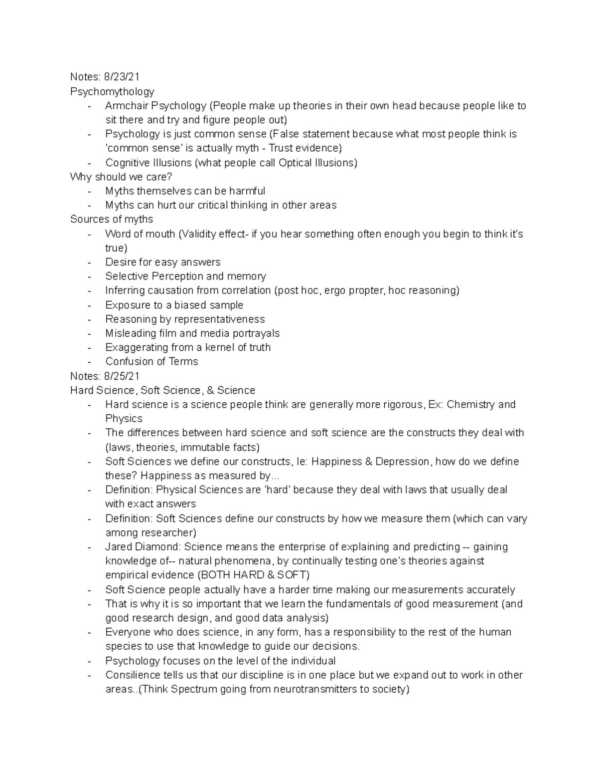 Psychology Notes Notes 8/23/ Psychomythology Armchair Psychology