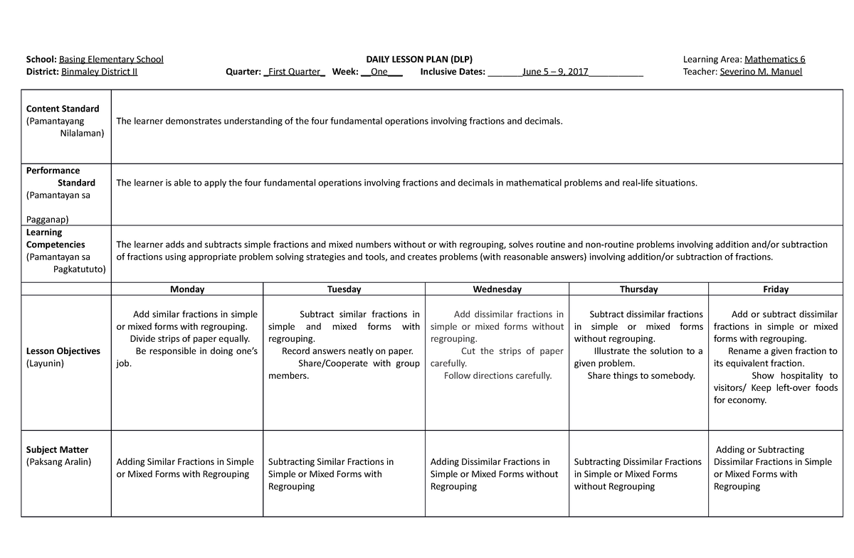 MATH-Q1week1DLL - Lesson guide - School: Basing Elementary School DAILY ...