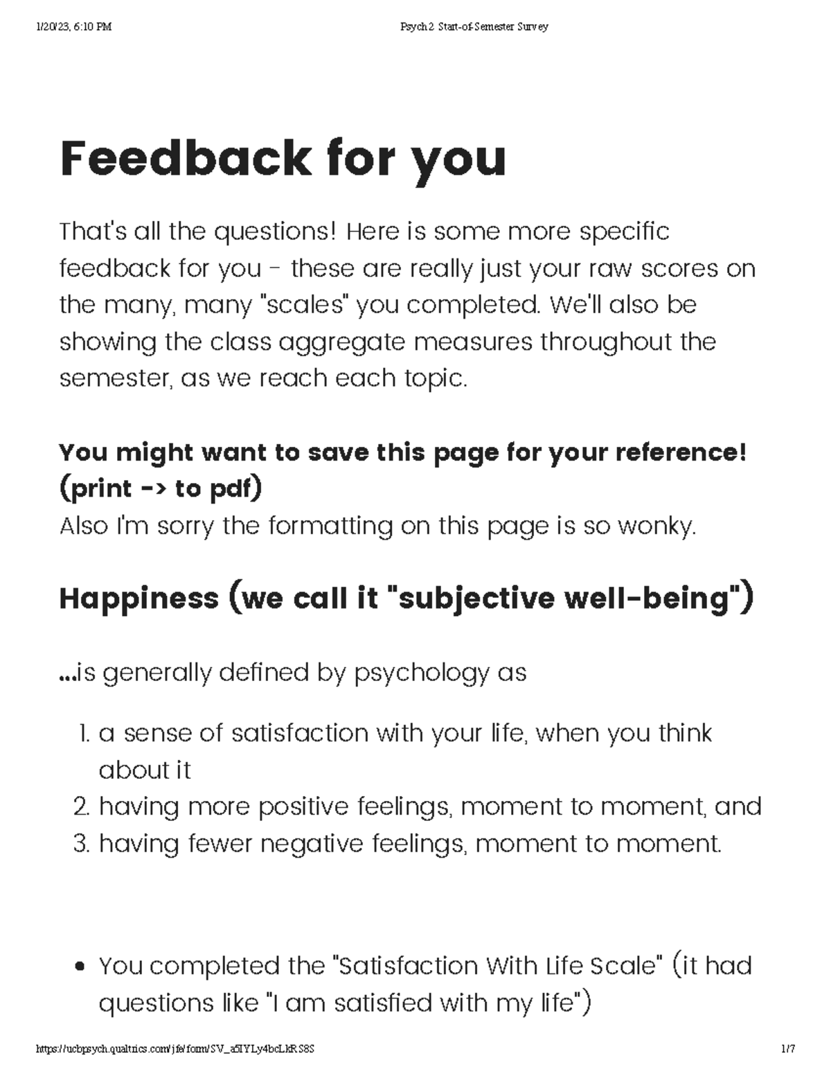 Pysch Survey - course material - Feedback for you That's all the ...