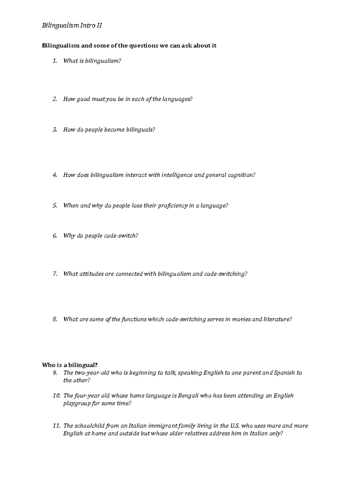 Worksheet for Class Bilingualism - Bilingualism Intro II Bilingualism ...