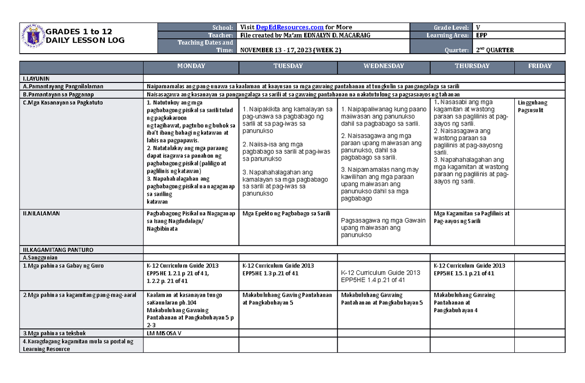 DLL EPP 5 Q2 W2 - dll - GRADES 1 to 12 DAILY LESSON LOG School: Visit ...