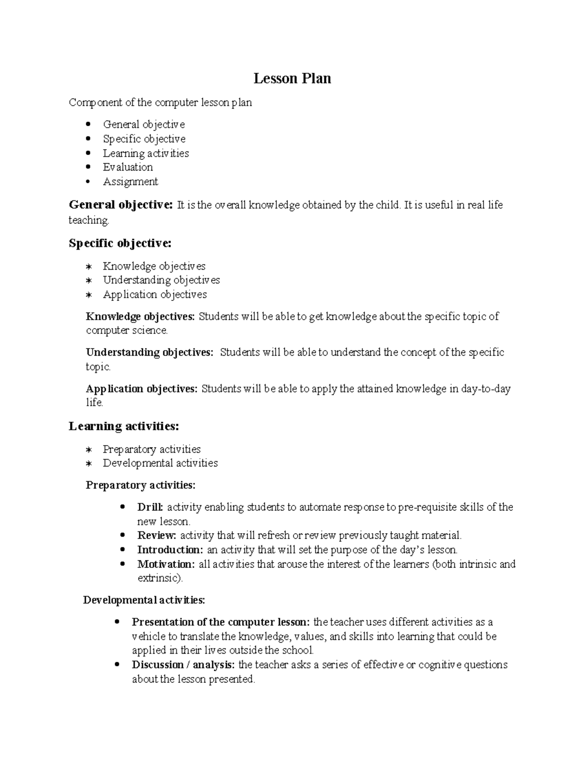 Lesson Plan - Lesson Plan Component of the computer lesson plan General ...
