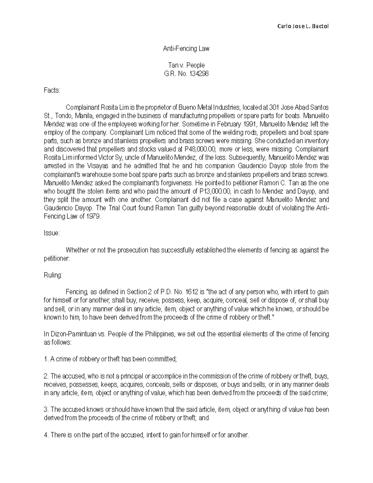 Criminal Law 2 Digest AntiFencing Law Tan v. People G. No. 134298