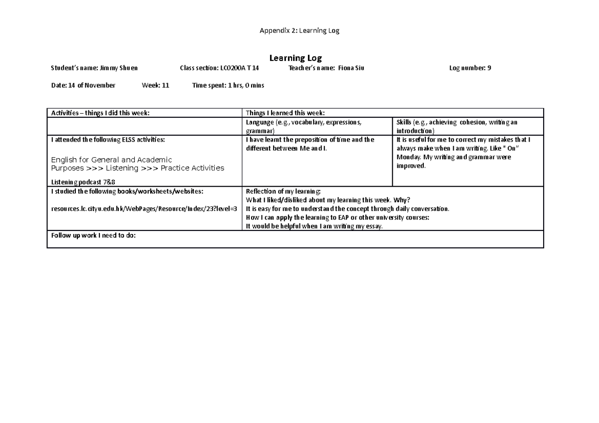 Appendix 02 - Learning Log Listening podcast 7&8 - Appendix 2: Learning ...