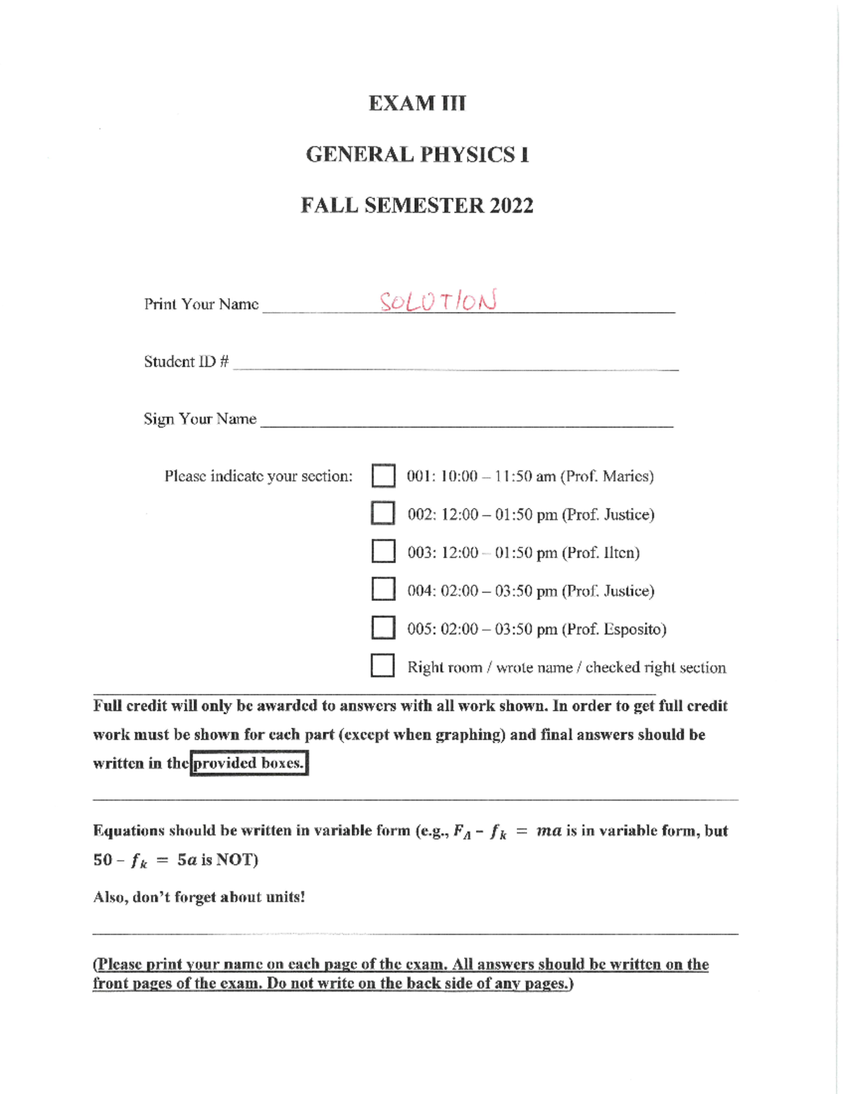 Exam 3 solution (1) - chem - EXAM GENERAL PHYSICS I FALL SEMESTER 2022 ...