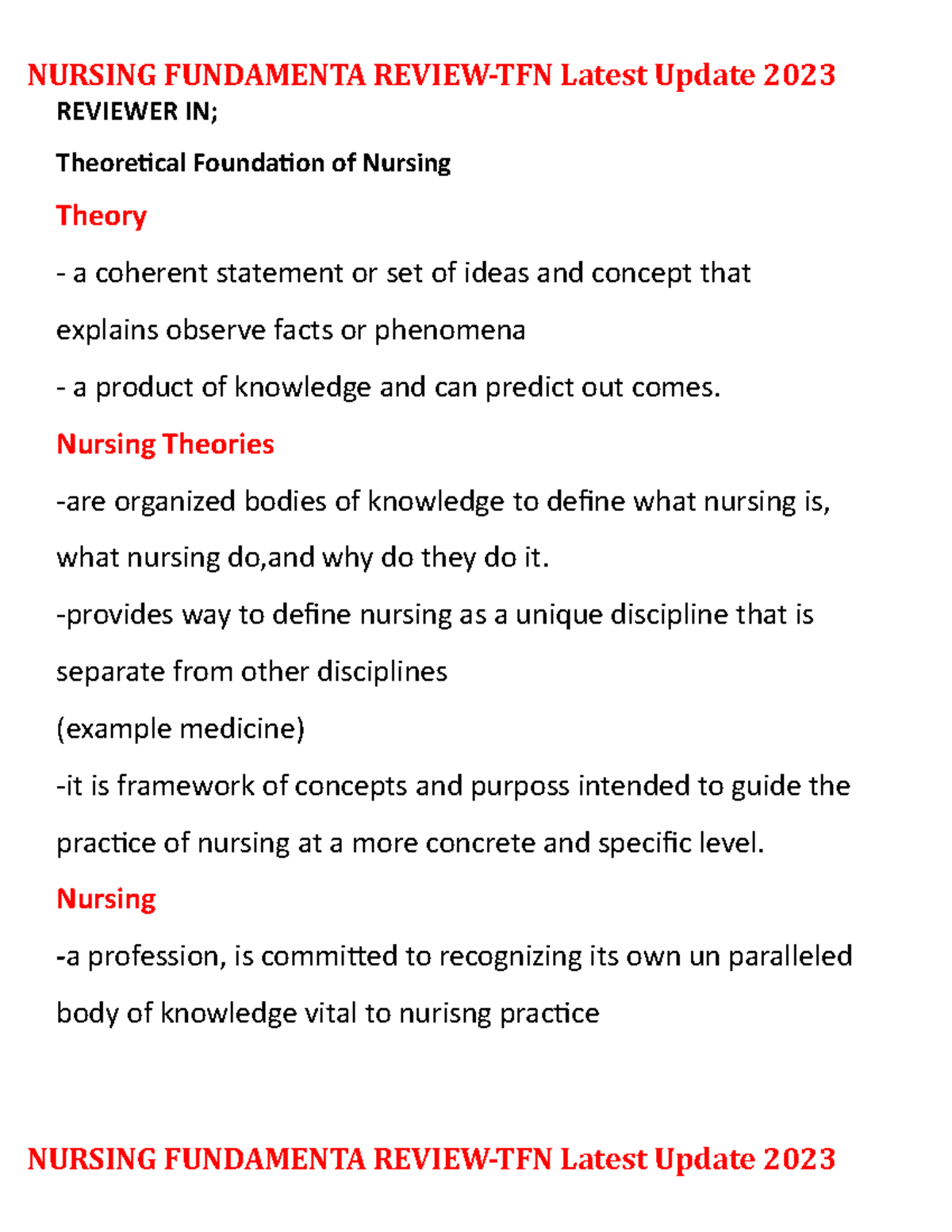 Review TFN - REVIEWER IN; Theoretical Foundation Of Nursing Theory A ...