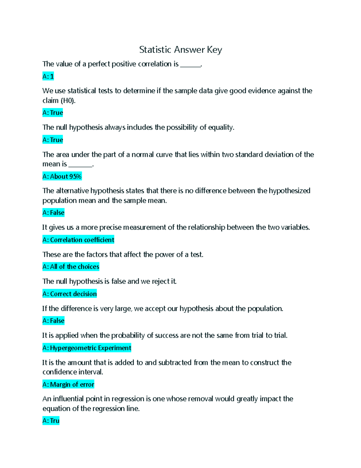 659959456 Statistic Answer Key - Statistic Answer Key The value of a ...