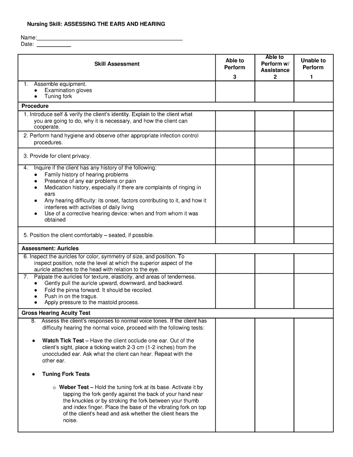 EARS - FGFGFGF - Nursing Skill: ASSESSING THE EARS AND HEARING Name ...