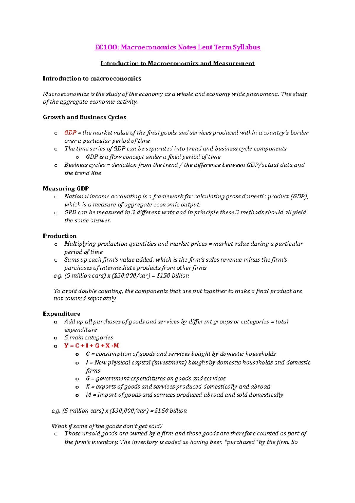 Ec100 intro to macro notes - EC1OO: Macroeconomics Notes Lent Term ...