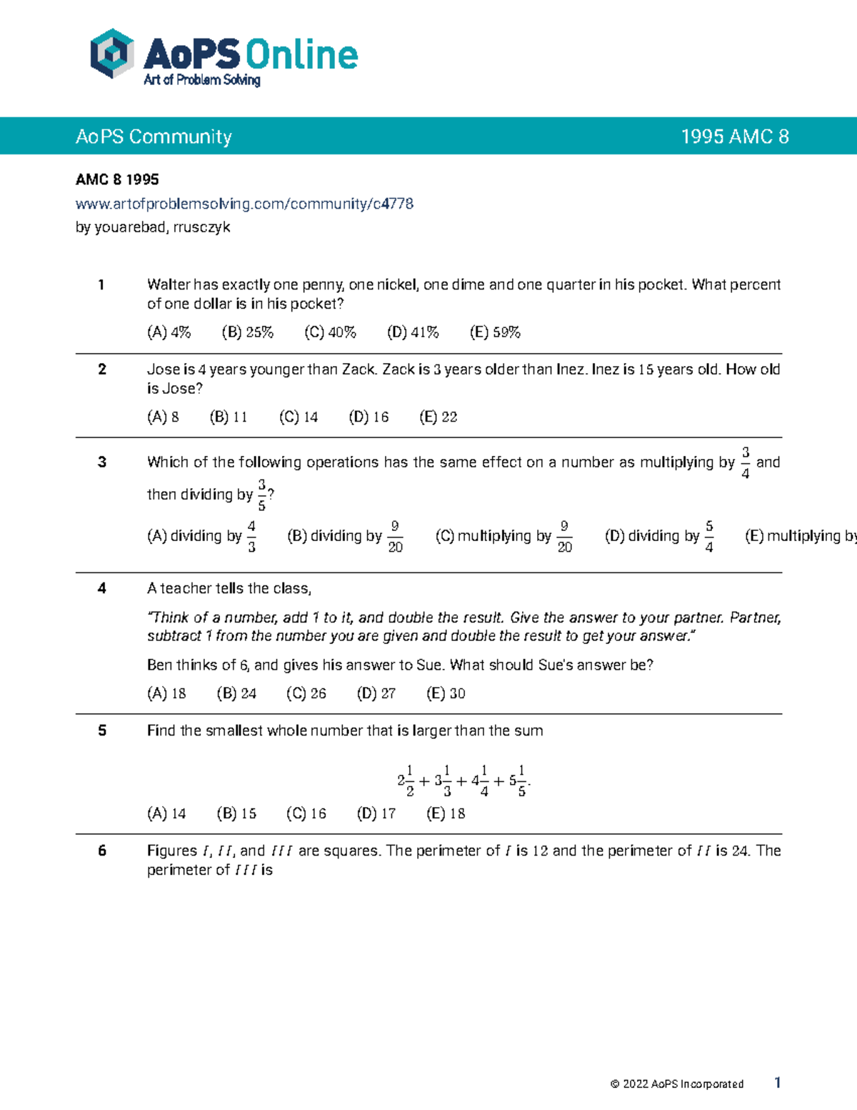 1995 - notes for mathematics - AMC 8 1995 artofproblemsolving/community ...