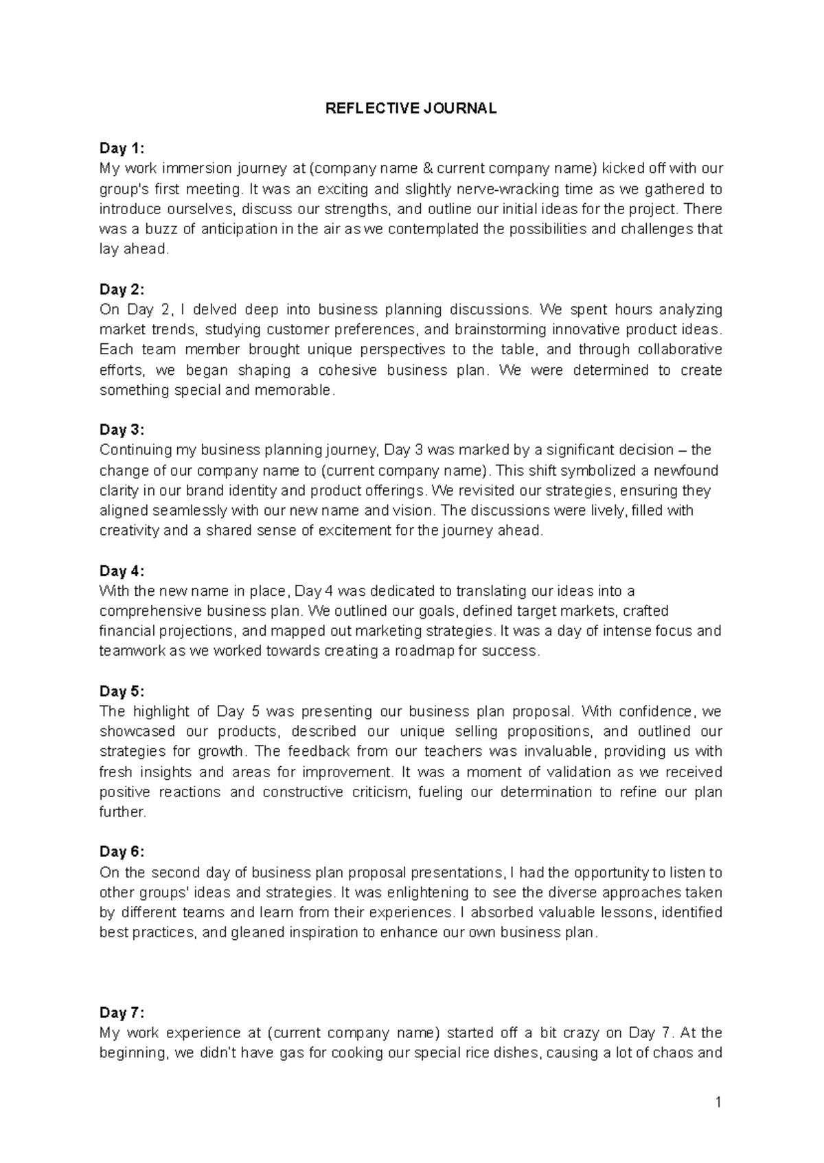 Business Journal for WORK Immersion example - REFLECTIVE JOURNAL Day 1 ...