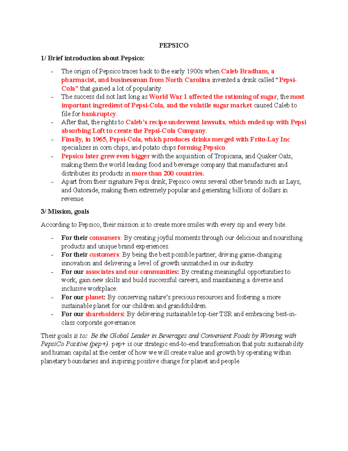 Pepsico - Notes - PEPSICO 1/ Brief introduction about Pepsico: The ...
