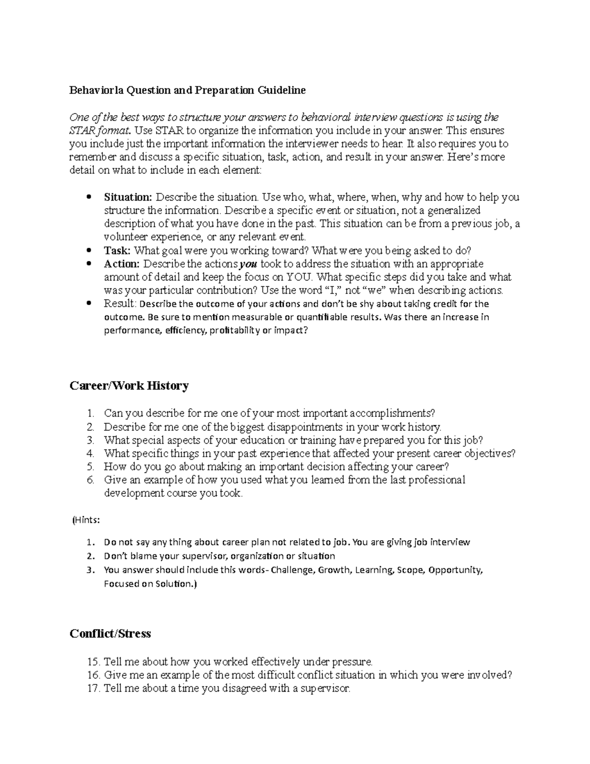 Behaviorla Question and Preparation Guideline - Use STAR to organize ...