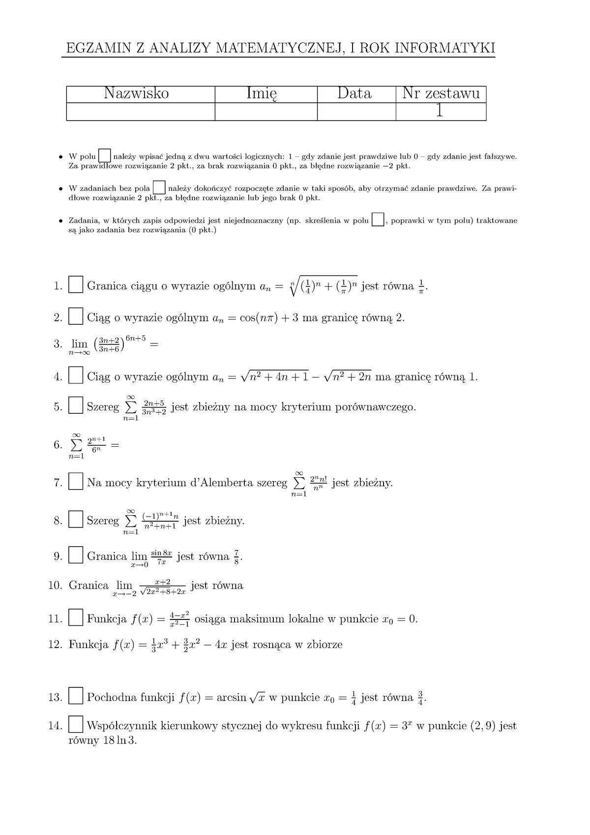 Zestaw Egzaminacyjny (1) - EGZAMIN Z ANALIZY MATEMATYCZNEJ, I ROK ...