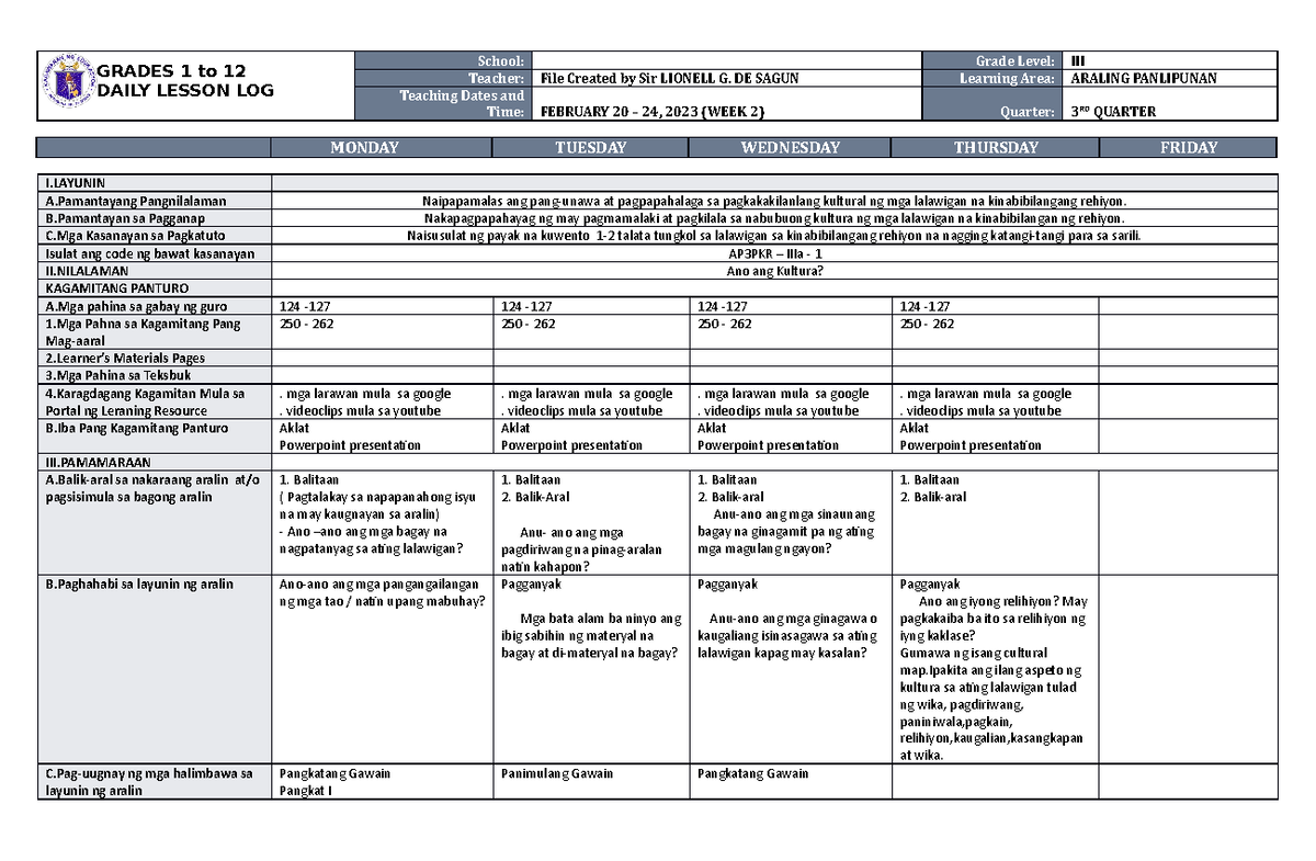 DLL Araling Panlipunan 3 Q3 W2 - GRADES 1 to 12 DAILY LESSON LOG School ...