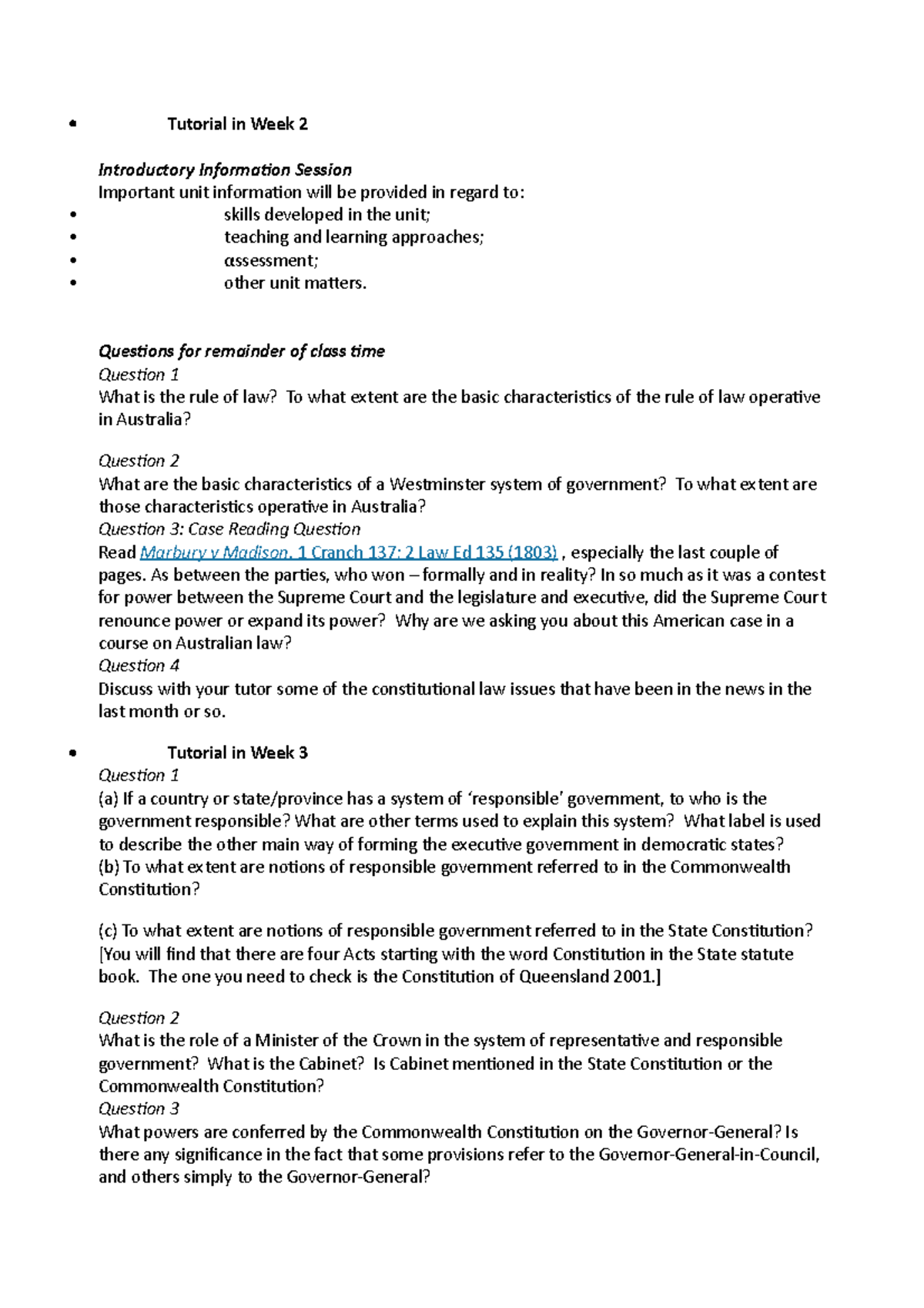 Con law tutorial questions - Tutorial in Week 2 Introductory ...