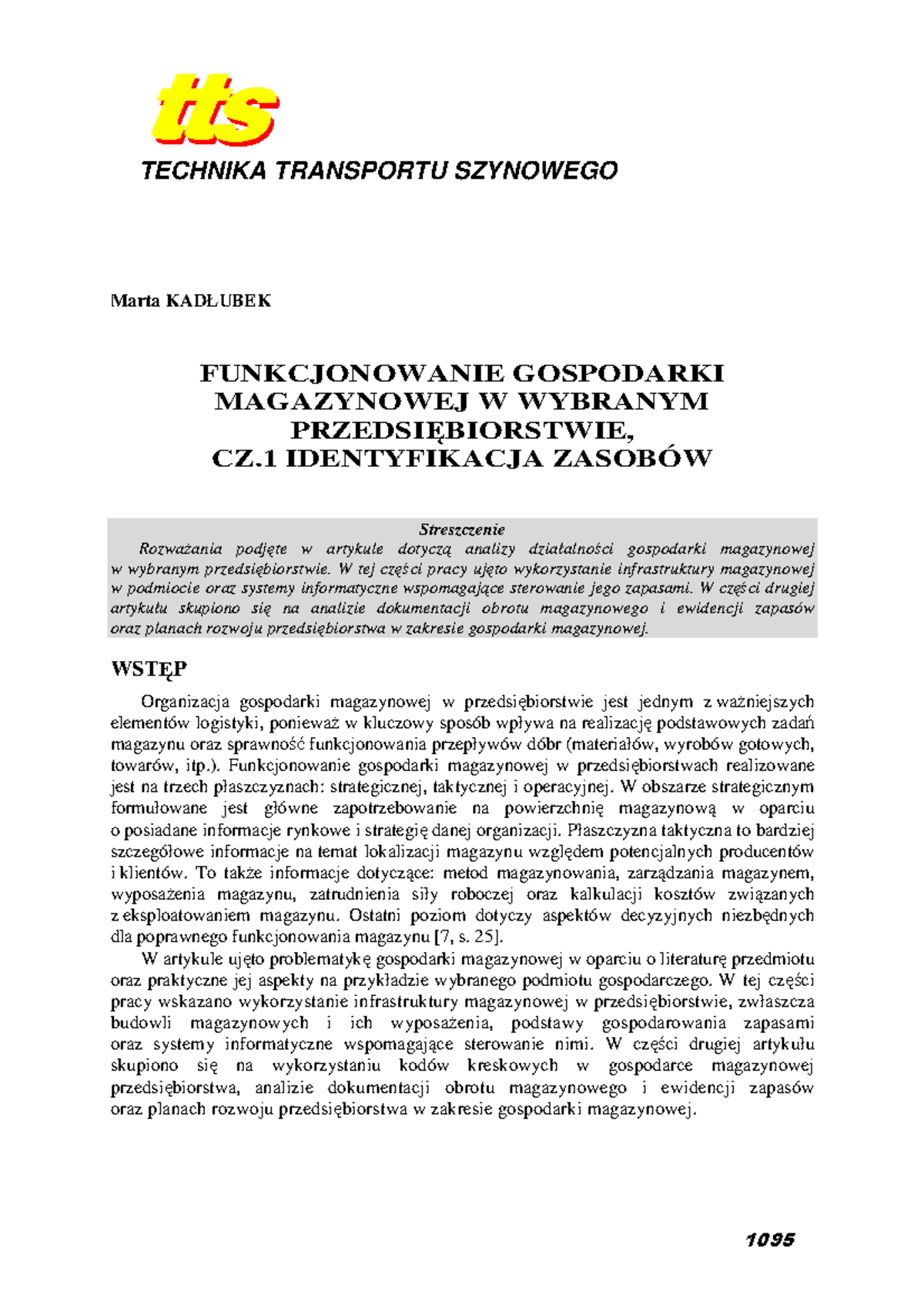 Kad-ubek Funkcjonowanie gospodarki - TECHNIKA TRANSPORTU SZYNOWEGO