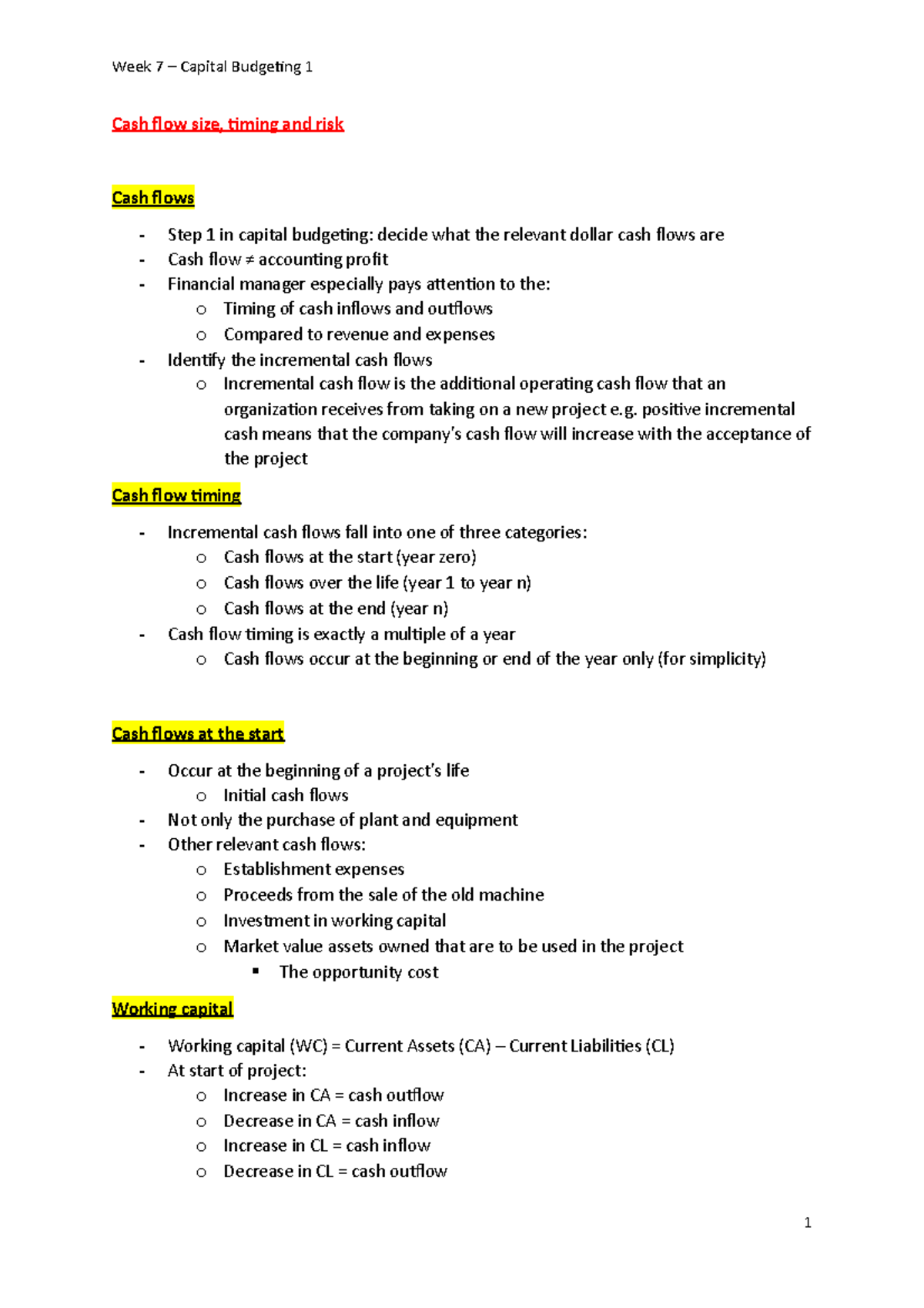 Capital Budgeting I - Notes - Cash flow size, timing and risk Cash ...